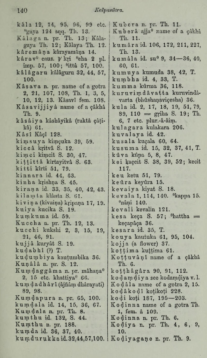 kill a 12, 14, 95. 96, 99 etc. guya 124 sqq. Th. 13. K a 1 a g a n. pr. Th. 13 ; Kala- gaya Th. 12; Kalaya Th. 12. k a r e m a n a karayamana 14. karav0 cans, ykii eha 2 pi. imp. 57, 100; °ittu 57, 100. kalagaru kalaguru 32, 44, 57, 100. Kasava n. pr. name of a gotra 2, 21, 107, 103, Th. 1, 3, 5, 10, 12, 13. Kasavi fem. 10S. Kasavijjiya name of a <jakha Th. 9. k a s a i y a kashayika (rakta (jfiti- ka) 61. Kasi Ka^i 128. kimsuya ldm^uka 39, 59. kicca kritva S. 12. lcimci kimcit S. 30, 47. kitt.it ta kirtajdtva >S. 63. kitti ktrti 51, 79. kinnara id. 44, S3, kinha krishna S. 45. kirana id. 33, 35, 40, 42, 43. kiln, in l a klanta S. 61. k i v i n a (lcivaina) kripana 17, 19. kuiya kucika S. 19. kumkuma id. 59. Kucclia n. pr. Th. 12, 13. kucchi kukslii 2, 3, 15, 19, 21, 46, 91. kujja knryat S. 19. kudabhi (?) T. kudumbiya kautumbika 36. Kunala n. pr. S. 12. Kumdaggam a n. pr. mahana 2, 15 etc. khattiya 66. k u m d a d h a r i (ajnuni dharayati) 89, 98. Kumdapura n. pr. 65, 100. kumdala id. 14, 15, 36, 67. K u n» dal ft n, pr, Th. 8. kurathu id. 132, S. 44. Kumtliu n. pr. 188. kumda id. 36, 37, 40. k u nr d u r u k k a id. 3 2,44,5 7,10 0. j Kubera n. pr. Th. 11. i Kubera ajja0 name of a ^akhu Th. 11. j kumaraid. 106, 172, 211,227, ! Th. 13. k u m ala id. su° 9, 31—36, 40, 60, 61. kumuya kumuda 38, 42, T. kunibha id. 4, 33, T. kumma kurma 36, 118. kuruvimdavatta kumvinda- varta (bhushanaviijesha) 36. kula id. 2, 17,’ 18, 19, 51, 79, 89, 110 == griha S. 19; Th. 6, 7 etc. plur.-a-aim. kula gar a kulakara 206. kuvalaya id. 42. kusala kunala 60, 64. kusuma id. 15, 32, 37, 41, T. kuva kfipa 5, 8, 47. kei ka?cit S. 38, 39, 52; kecit 117. keu ketu 51, 79. keura keyura 15. kevaiya kiyat >S. 18. k oval a 1, 114, 140. kappa 15. nani 140. kevali kevalin 121. kesa ke9a S. 57; hattha = kepapaija 36. kesara id. 35, T. kouya kautuka 61, 95, 104. kojja (a flower) 37. k o 11 i m a kuttima 61. Kottuvani name of a (jakba Th. 6. kotthagara 90, 91, 112. kodamdiya see kodanidiya v. 1. Eodala name of a gotra 2, 15. kodakodi kotikoti 228. kodi koti 1S7* 195—203. K o d i n n a name of a gotra Th. 1, fem. a 109. Kodinna n. pr. Th. 6. Kodiya n. pr. Th. 4, 6, 9, 10. Kodivagano n. pr. Th. 9.