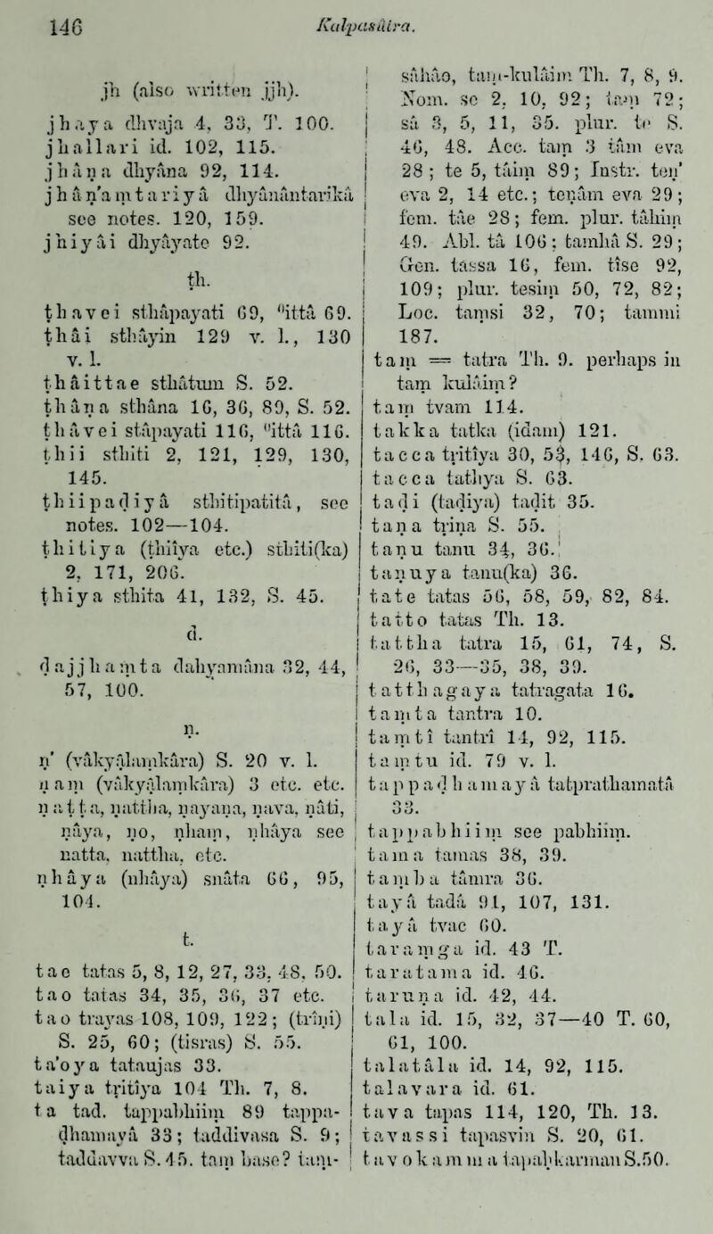 jh (also written jjh). jhaya dlivaja 4, 33, T. 100. j jliallavi id. 102, 115. j h a n a dhyana 92, 114. j h a n’a m t a r i y a dhyunantarika see notes. 120, 159. j h i y a i dhyavate 9 2. th. tliavei sthapayati 09, °itta 09. th a i sthayin 129 v. 1., 130 v. 1. thaittae sthatum S. 52. than a sthana 10, 30, 89, S. 52. tliavei stapayati 110, itta 110. thii stliiti 2, 121, 129, 130, 145. t h i i p a (1 i y a sthitipatita, see notes. 102—104. thitiya (thuya etc.) stliiti(ka) 2, 171, 206. thiya sthita 41, 132. S. 45. d. dajjliamta daliyamana 82, 44, 57, 100. n. n' (vakyfdamkara) S. 20 v. 1. i.i am (vakyalamkara) 3 etc. etc. n atta, nattha, nnyana, miva, nati, nay a, no, nham, nhaya see natta. nattha. etc. nhaya (nhaya) snata 60, 95, 104. t. tao tatas 5, 8, 12, 27, 33, 48, 50. tao tatas 34, 35, 36, 37 etc. tao trayas 108, 109, 122; (trim) S. 25, 60; (tisras) fc>. 55. ta’oya tataujas 33. taiya tritiya 104 Th. 7, 8. ta tad. tappahhiim 89 tappa- dhaimiva 33; taddivasa S. 9; sahao, tani-lculaim Th. 7, 8, 9. Noni. so 2, 10, 92; tarn 72; sa 3, 5, 11, 35. plur. te S. 40, 48. Acc. tain 3 tain eva 28; te 5, taim 89; Instr. ten’ eva 2, 14 etc.; tenain eva 29; fern, tae 28; fern. plur. tahiin 49. Abl. ta LOO; tamin'! S. 29; Gen. tassa 10, fem. tise 92, 109; plur. tesiiu 50, 72, 82; | Loc. tanisi 32, 70; tammi I 187. j tain = tatra Th. 9. perhaps in tam kulaim? tain tvarn 114. takka tatka (idani) 121. tacca tritiya 30, 5$, 14G, S. 03. tacca tathya S. 03. tadi (tadiya) tadit 35. tana trina S. 55. tap tanu 34, 30. taiiuya tanu(ka) 36. tate tatas 56, 58, 59, 82, 84. | tatto tatas Th. 13. I tattha tatra 15, 61, 74, S. ! 26, 33—35, 38, 39. | tat t h a g a y a tatragata 16. ! taint a tantra 10. t a m t i tant.ri 14, 92, 115. taint u id. 79 v. 1. t a p p a <1 h a in a y a tatprathamata -1 -> j 0,J- ( t.appahhnm see pabhiim. tain a tainas 38, 39. tain ha tanira 36. taya tadii 91, 107, 131. taya tvac 60. tar a nig a id. 43 T. ! tar at am a id. 46. i taruna id. 42, 44. tala id. 15, 32, 37—40 T. 60, 61, 100. tala tala id. 14, 92, 115. talavara id. 61. tava tapas 114, 120, Th. 13. lavas si tapasvin S. 20, 61.