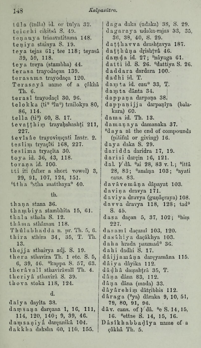 t ula (killa) id. or tulya 32. teicclii cilcitsa S. 49. t e n a uy a trinavatitama 148. teniya stainya S. 19. tcva tejas Gl; tee 118; teyasa 39, 59, 113. teya treya (stambha) 44. t eras a trayodaijan 139. ter as am a trayodaija 120. T era say a name of a $aklia Th. 6. terasi trayoda^i 30, 9G. t e 1 o lc k a (ti 0 °lu) trailokya 8 0, 86, 114. tell a (ti0) 60, S. 17. t e v a 11 li i in trayalishashti 211, 227*.’ t e vis ae trayovirrnjati Instr. 2. tesiim trya^iti 168, 227. tesiima tryafiia 30. toya id. 36, 43, 118. to ran a id. 100. tti iti (after a short vowel) 3, 29, 91, 107, 124, 151. ttha stha mattliaya 40. tli. than a stana 36. thambiya stambhita 15, 61. thala sthnla S. 12. th fun a st.haman 118. T li ul abli a dd a n. pr. Tli. 5, 6. | thira stliira 34, 35, T. Th. 13. tlicjja sthairya adj. S. 19. thera stliavira Th. 1 etc. S. 5, 6, 39, 46. kappa S. 57, 63. theravali sthaviravali Th. 4. t h e r i jr ti stliavira S. 39. tli ova stoka 118, 124. daiya dayita 33. d a in s a li a dar^ana 1, 16, 111, 114, 120, 140; 9, 39, 4G. d a in s a n i y a daryanika 104. dakklia dalcsha 60, lift. 155. j dag a daka (udaka) 38, S. 29. d agar ay a udaka-rajas 33, 35. 36, 38, 40, 8. 29.' d a 11 h a v v a d rashtavya 187. datthuna drishtva 46. dam da id. 27; nayaga 61. datti id. S. 26. dattiya S. 26. daddara dardara 100. dadhi id. T. darata id. cau 33, T. damta danta 34. dap p a n a darpana 38. d a p p a n i j j a darpaniya (bala- kara) 60. dam a id. Th. 13. d a m a n a y a damanaka 3 7. d a y a at the end of compounds (pitiful or giving) 16. day a daka S. 29. daridda daridra 17, 19. darisi dariyin 16, 121. dal. Y da. °ai 28, 83 v. 1.; itta 28, 83; amana 103; ayati cans. 83. d a v a v e m a n a dapayat 103. davina dravya 171. da viva dravya (gunayraya) 108. d a v v a dravya 118, 128; tad S. 45. das a da^an 5, 37, 102; him 227. d a s a ni t daeami 103, 120. d a s a. h i y a daijakliya 103. daha hrada pauniad0 36. dahi dadhi S. 17. d a i j j a m a n a dar^yamana 115. d a i y a dayika 112. dad ha damshtra 35, T. dan a dftna 83, 112. dan a dana (inada) 33. d a y a r e li i m dfitribhis 112. da rag a (°ya) dfiraka 9, 10, 51, 78, 80, 91, 90, d a, v. caus. of Y da. °e S. 14,15, 16. ettne S. 14, 15, 16. Dasikhabbadiya name of a Vakha Tli. 5.*