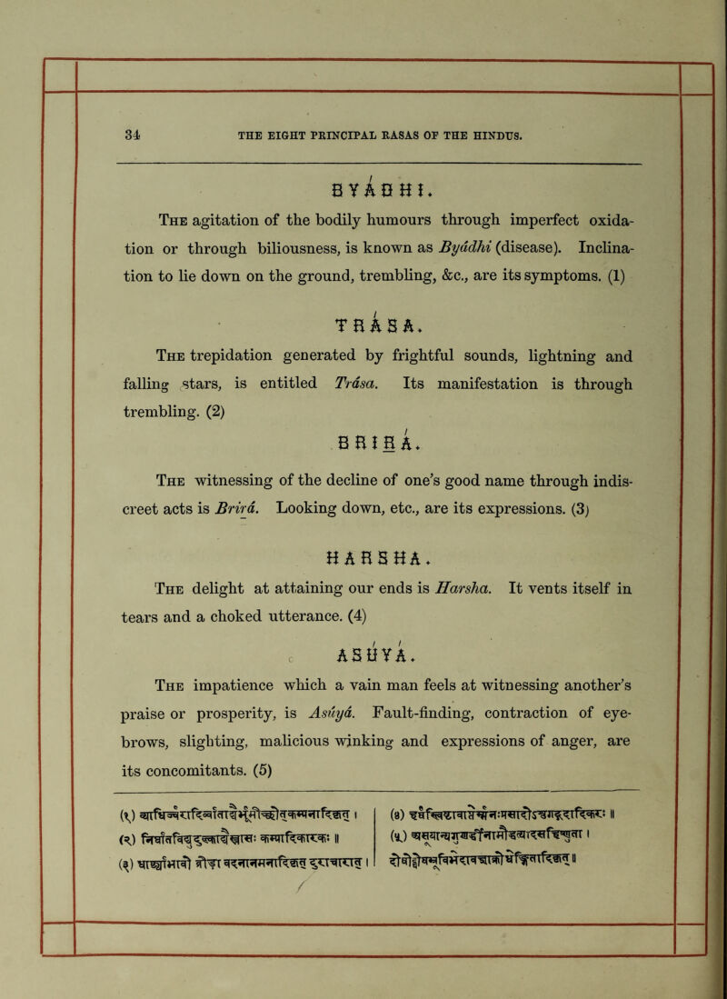B Y A 8 H !♦ The agitation of the bodily humours through imperfect oxida¬ tion or through biliousness, is known as Byddhi (disease). Inclina¬ tion to lie down on the ground, trembling, &c., are its symptoms. (1) tbasa* The trepidation generated by frightful sounds, lightning and falling stars, is entitled Trasa. Its manifestation is through trembling. (2) B BJHA. The witnessing of the decline of one’s good name through indis¬ creet acts is Brim. Looking down, etc., are its expressions. (3) H A H H HA ♦ The delight at attaining our ends is Harsha. It vents itself in tears and a choked utterance. (4) c ASHYA- The impatience which a vain man feels at witnessing another’s praise or prosperity, is Asuyd. Fault-finding, contraction of eye¬ brows, slighting, malicious winking and expressions of anger, are its concomitants. (5) (=0 ; n / (8) II («0 •