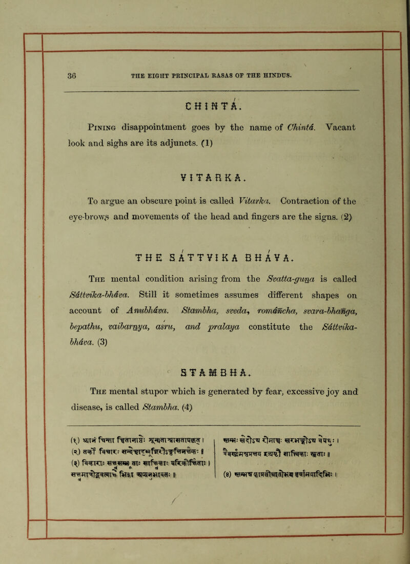 C H ! H T ft* Pining disappointment goes by the name of Chintd. Vacant look and sighs are its adjuncts. (1) ¥ ! Tft B K ft * To argue an obscure point is called Vitarka. Contraction of the eye-browns and movements of the head and fingers are the signs. (2) THE 5ATTVIKA B H A ¥ A* The mental condition arising from the Svatta-guna is called Sdttvika-bhdva. Still it sometimes assumes different shapes on account of Armbhdva. Stambha, sveda, romdncha, svara-bhanga, / bepathu, vaibarnya, asm, and pralaya constitute the Sattvika- bhava. (3) c 5 T ft M B H ft* The mental stupor which is generated by fear, excessive joy and disease, is called Stambha. (4) (C f^I ff HTHli: I (=0 f^ir: : g ' ^ o * (?) CH: SHfri^T: I ' .ej ©> 0| fasT ^Sjeivn^cf: || TOG I *nfro: *g<TT: II (8) I /