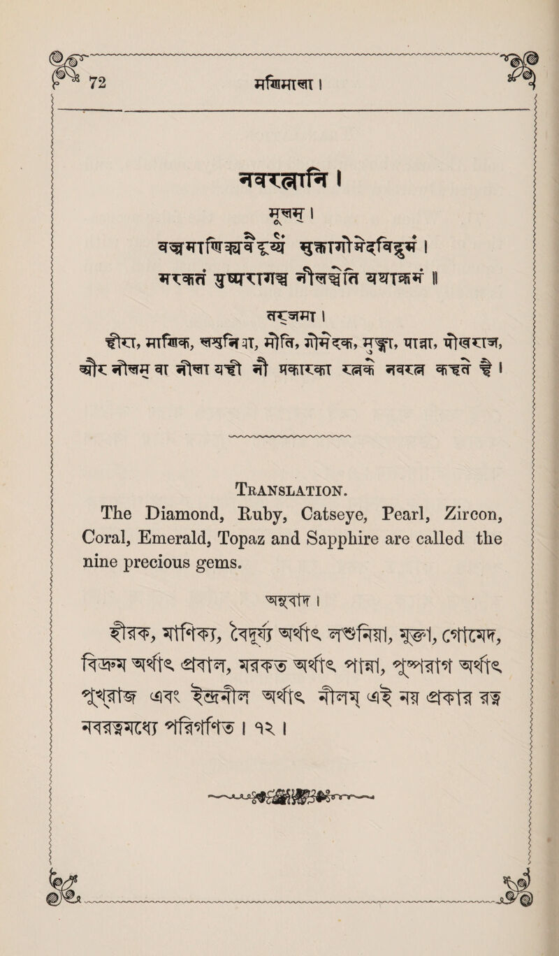 »r^2fi?r ^^FR»f ii ?r^5iHT I tkr, Jnfi!!% ^fsrat, ^Rr, jvt^^, max, at'acisr, gat?: 5ft^5 ai a'ft ^ sia5C3 % i ___ ^ Translation. The Diamond, Ruby, Catseye, Pearl, Zircon, Coral, Emerald, Topaz and Sapphire are called the nine precious gems. I f^zgnj <£t^?r, Sfsjfts, I cfi^^ >2r¥ti I “^#^5 I I