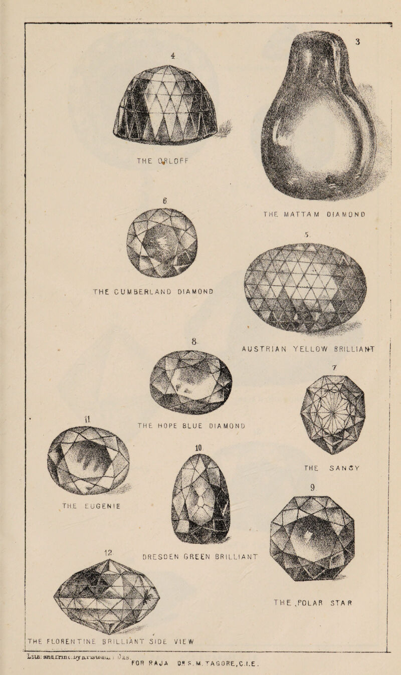 1 I 1 I THE CUMBERLAND DIAMOND THE M ATTA M DIAMOND ■I AUSTRIAN YELLOW BRILLIANT 7 THE EUGENIE THE HOPE BLUE DIA MONO 10 THE SAN«Y 9 THE ,POLAR STA R DRESDEN GREEN BRILLIANT THE FLORENTINE BRILLIANT SIDE VIEW Lain: anarnat,jjjja.riijujuui. t vas. FOR RAJA O’? R, M, TAQORE.C.I.E .