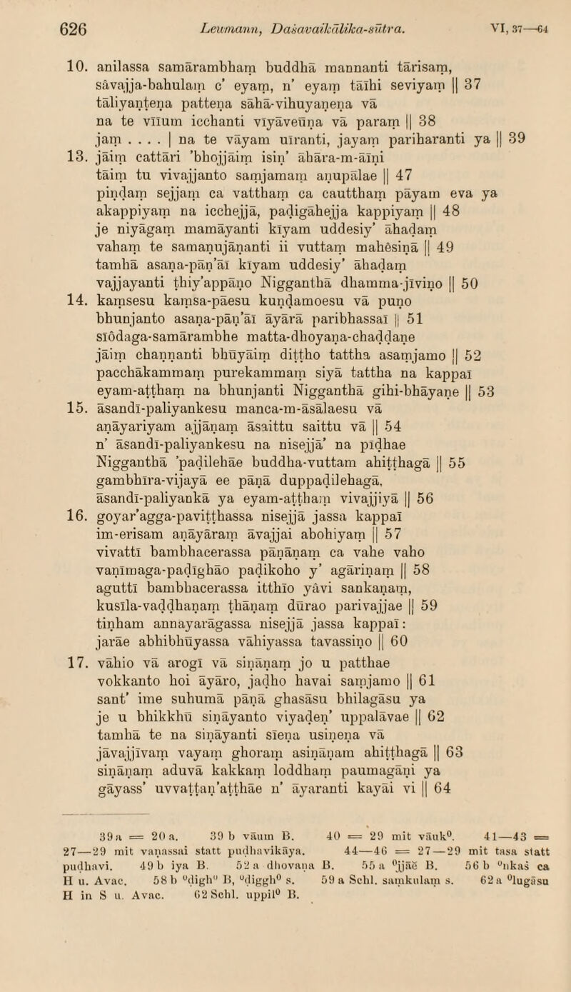 10. anilassa samarambham buddlia mannauti tarisam, savajja-bahulain c’ eyatn, n’ eyam talhi seviyaip || 37 taliyantena pattena sähä-vihuyanena vä na te vllurn icchanti vlyaveuna vä pararn || 38 jam . . . . I na te väyam uiranti, jayam pariharanti ya || 39 13. jäim cattäri ’bbojjäira isin’ ähära-m-äini täim tu vivajjanto samjamam aimpälae || 47 pindam sejjani ca vattham ca cauttham päyam eva ya akappiyarn na icchejjä, padigäbejja kappiyam || 48 je niyägam mamäyanti klyam uddesiy’ ähadam vaham te samanujänanti ii vuttam mahösinä || 49 tamhä asana-pän’äi klyam uddesiy’ ähadam vajjayanti thiy’appäno Nigganthä dharama-jivino || 50 14. kamsesu karasa-päesu kundamoesu vä puno bhunjanto asana-pän’äi äyärä paribbassal || 51 siödaga-samärambhe matta-dhoyana-chaddane jäim chaimanti bhüyäim dittho tattha asatnjamo || 52 paccbäkammam purekammam siyä tattha na kappai eyam-attham na bhunjanti Nigganthä gihi-bhäyane || 53 15. äsandl-paliyankesu manca-m-äsälaesu vä anäyariyam ajjänam äsaittu saittu vä || 54 n’ äsandl-paliyankesu na nisejjä’ na pidhae Nigganthä ’padilehäe buddha-vuttani ahitthagä || 55 gambhira-vijayä ee pänä duppadilebagä. äsandl-paliyankä ya eyam-atthaiii vivajjiyä || 56 16. goyar’agga-pavitthassa nisejjä jassa kappai im-erisam anäyäram ävajjai abohiyam || 57 vivattl bambhacerassa pänänam ca vahe vaho vanimaga-padighäo padikoho y’ agärinani || 58 agutti bambhacerassa itthlo yävi sankanain, kusila-vaddhanain tbänam dürao parivajjae |j 59 tinham annayarägassa nisejjä jassa kappai: jaräe abhibhüyassa vähiyassa tavassino jj 60 17. vähio vä arogl vä sinänam jo u patthae vokkanto hoi äyäro, jadho havai samjamo || 61 sant’ ime suhumä pänä ghasäsu bhilagäsu ya je u bhikkhü sinäyanto viyaden’ uppalävae || 62 tamhä te na sinäyanti siena usinena vä jävajjivarn vayam ghoram asinänam ahitthagä || 63 sinänam aduvä kakkani loddhain paumagäni ya gäyass’ uvvattan’atthäe u’ äyaranti kayäi vi H 64 39ii = 20 a. .‘39 b vauiii 13. 40 = 29 mit väuk®. 41—43 = 27 — 29 mit vanassiii statt pmiliavikäya. 44—41! = 27—29 mit tasa statt pudliavi. 49 b iya B. 52 a dbovana B. 55 a '’tjäS B. 5Gb “nkas ca H u. Avae. 58 b ‘'dif'h 15, “diggli® s. 59 a Schl, samkiilam s. 62a **lugäsu H in S u. Avne. 62 Schl, uppil'* B.