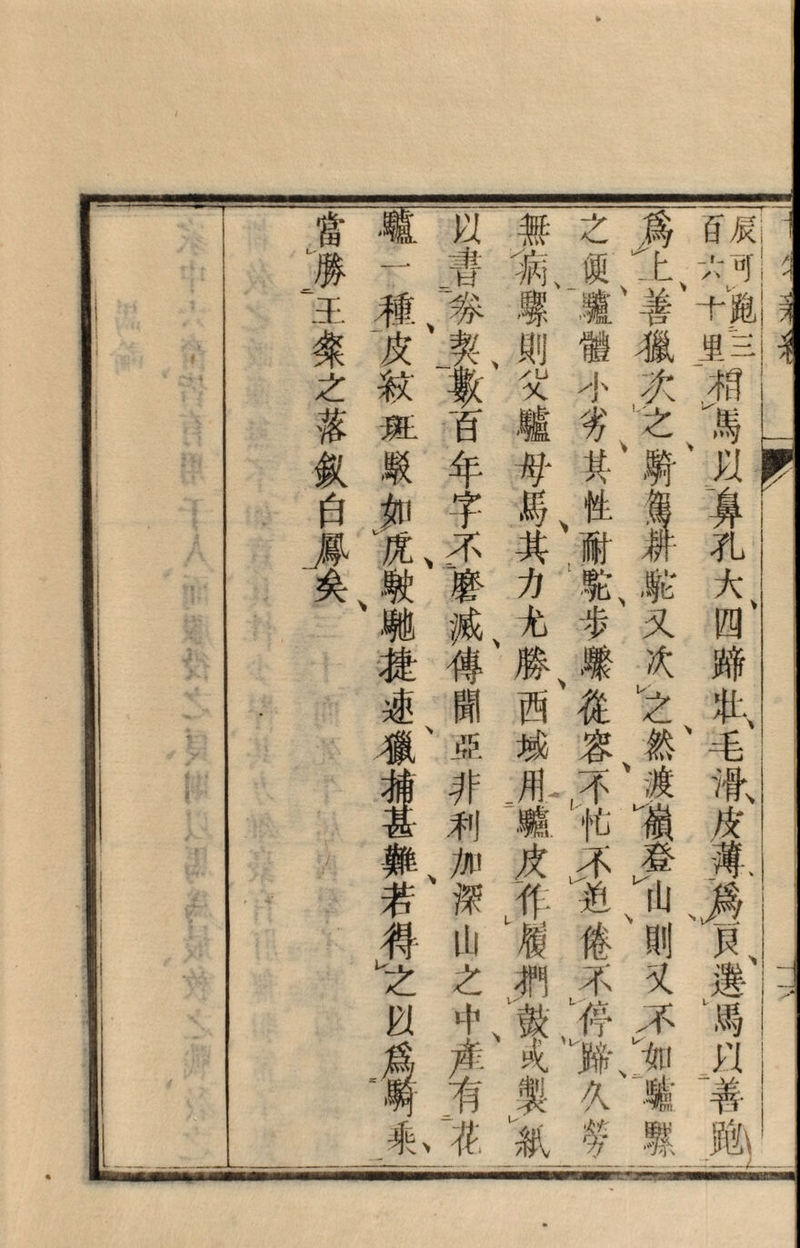 當 '勝 王 之 落 釵 白 矣 逾 種、赛 皮J 較‘ t 班百 駁年 如字 駛磬 _滅 捷傳 速聞 獵ヽ亞 甚利 難、加 若深 山 之 以中 無 策. 騾 則 XLI 乂 母 馬 其 力 尤 勝 西 1 皮 之爲 便て.ヒ 者 體履 イ、次 4} z 其、騎 性 蕭 駝、駝 歩又 驟次 従レ之 容然 ，不、J W ! 十Ml 里-三 .f 馬卜■ 鼻 孔 大 四' 蹄 、！•、 皮 I 山 倦、則’頁 有製 乘、花紙 义 停/不 撒：如 久驢 選 馬 yi 善 鮑、