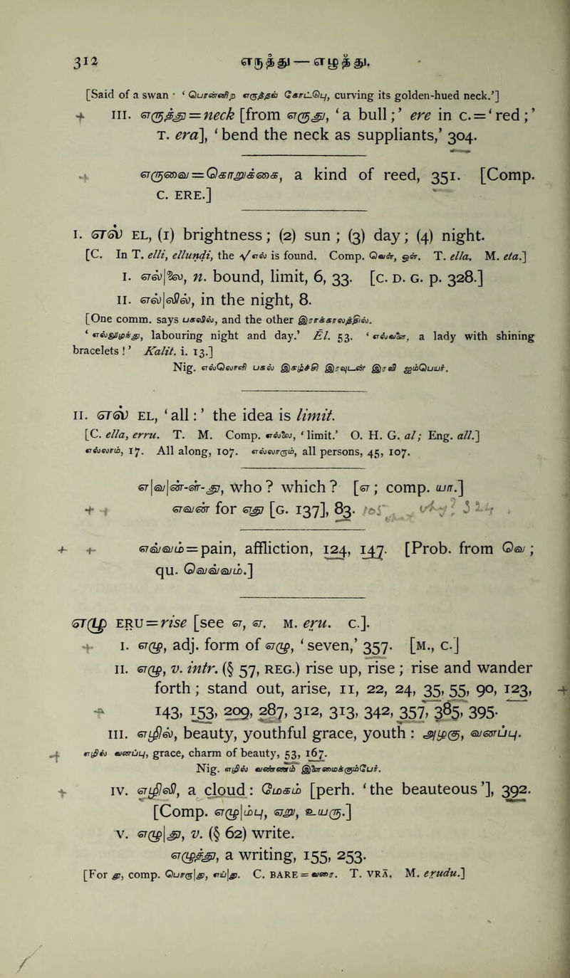 [Said of a swan • ‘ Quf»n#^ GsrC-Siy, curving its golden-hued neck.’] ■+ III. er($&£} = neck [from ‘a bull;’ ere in c. = ‘red;’ t. era\ 1 bend the neck as suppliants/ 304. GT(^<ss)6u = G)siT£vdio!ast a kind of reed, 351. [Comp. C. ERE.] i. OT6V el, (1) brightness; (2) sun ; (3) day; (4) night. [C. In T. elli, ellundi, the \/«ist> is found. Comp. Qa/*-, g*. T. ella. M. etal\ 1. OT6uj%u, n. bound, limit, 6, 33. [c. d. g. p. 328.] 11. OTa)|sitfa>, in the night, 8. [One comm, says u«nSA, and the other g)j/r«*r«u^/eu. ‘ labouring night and day.’ EL 53. ‘ erAa/Sar, a lady with shining bracelets ! ’ Kalit. i. 13.] Nig. GTGvQwtrefl usev §$)&&££) Qjvefil ggibQuiuir. 11. 6TGV el, ‘all: ’ the idea is limit. [C. ella, erru. T. M. Comp. *rAJw, ‘limit.’ O. H. G. al; Eng. alE] n&svrib, 17. All along, 107. erAievr/^m, all persons, 45, 107. erjeujear-srr-^7, who ? which? [ot ; comp. ujrr.~\ <oT (SU <S6T for [g. 137], 83. t +- s7oyswti=pain, affliction, 124, 147. [Prob. from Q©;; qu. Oa/a/es/iii.] &T(Lp eru — rise [see w, ©-. m. eru. c.]. 1. gtqp, adj. form of &($, ‘seven,’ 357. [m., c.] 11. crag, v. intr. (§ 57, reg.) rise up, rise; rise and wander forth; stand out, arise, n, 22, 24, 35, 55, 90, 123, * T43> L53> 209- 287, 312, 313, 342, 3577 385, 395. hi. 67$60, beauty, youthful grace, youth : =§ytp®, enesru^. eiasruLi, grace, charm of beauty, 53, 167. Nig. •sryflej euemetonb f£]'far6v>u)S(&iU)(2uir. iv. GTLfleS), a cloud: CWlo [perh. ‘ the beauteous ’], 392. [Comp. 67(Z£|lDL/, 672/, S-UJ®.] v. v. (§ 62) write. 67(7£#jp, a writing, 155, 253. [For g), comp. €nu\^j. C. BARE = «'®»ir. T. vra. M. erudu.]