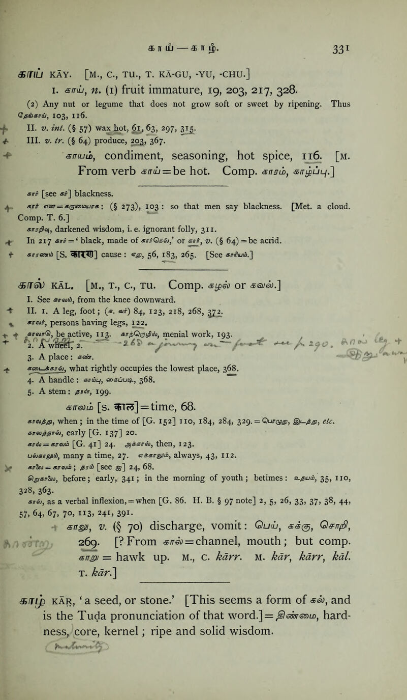 3STIU KAY. [M., C., TU., T. KA-GU, -YU, -CHU.] i. airiL, n. (i) fruit immature, 19, 203, 217, 328. (2) Any nut or legume that does not grow soft or sweet by ripening. Thus 103, xi6. -■ II. v. int. (§ 57) wax hot, 61, 63, 297, 315. 4~ III. v. tr. (§ 64) produce, 203, 367. sntuib, condiment, seasoning, hot spice, 116. [m. From verb «/nu=be hot. Comp, ■snnm, .s/npuL/.] anr [see *f\ blackness. 4 arr *raa=a<g*>wira; (§ 273), 103 : so that men say blackness. [Met. a cloud. Comp. T. 6.] sirtri&Gii) darkened wisdom, i. e. ignorant folly, 311. .4 In 217 art = ( black, made of airirQaor antf v. (§ 64) =be acrid. +• atnraati [s. ofiTTTTI] Cause : «'gt, 56, 183, 265. [See anfliuib.'] &T<sv kal. [m., t., c., tu. Comp, drtpa) or I. See artuio, from the knee downward. + II. 1. A leg, foot; («. 84, 123, 218, 268, 372. % strait, persons having legs, 122. -e 4 strain® be active, 113. striQcaiijSai menial work, 193. p ^ -7 3. A place : + SBut—isneo, what rightly occupies the lowest place, 368. 4. A handle : a/noiy, mauuuf., 368. 5. A stem: giar, 199. aiT6Vii [s. «FTf5] = time, 68. snaijsgi, when ; in the time of [G. 152] 110, 184, 284, 329. = Qunopgi, g)i-/sgt, etc. sraigfirai, early [G. 137] 20. erreo = atrentb [G. 41] 24. g/sarai, then, I 23. uaiairgiiui, many a time, 27. arsstr&nb, always, 43, 112. ■_rf arlai = arraiti ; gain [see g>] 24, 68. &r,strhj, before; early, 341; in the morning of youth; betimes: e-0iuib, 35, no, 328, 363. «s/r6u, as a verbal inflexions when [G. 86. H. B. § 97 note] 2, 5, 26, 33, 37, 38, 44, 57. 64, 67, 70, 113, 241, 391. angv, v. (§ 70) discharge, vomit: Quuj, Q&rr/SI, 269. [?From ■srr&) = channel, mouth; but comp. ans,v = hawk up. m., c. karr. m. kdr, karr, kal. T. kar.~\ &iLp kar, ‘ a seed, or stone.’ [This seems a form of and is the Tuda pronunciation of that word.] = ^6OTe;»m, hard¬ ness, core, kernel; ripe and solid wisdom. *) + V