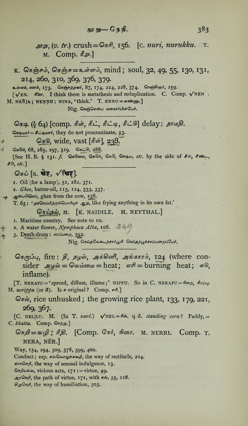 gjr£v,(v. tr.) crush = QibiP, 156. [c. nuri, nurukku. t. m. Comp. k. Qib^sti, Qi5dhj<9?=e..&Tefnh, mind; soul, 32, 49, 55, 130, 131, 214, 260, 310, 369, 376, 379. B.arsmit inanib, 173. Qie^jr^^aiir, 87, 174, 224, 228, 374- Q®©8®/r, 259. [\/en. iflaar. I think there is metathesis and reduplication. C. Comp. Vnen . M. neNja; nennu; nina, ‘think.’ T. ennu = ™».] Nig. Qis&Q&osru uiemniririJleisTGuir, Qibif (§ 64) [comp. §®rt &lL, delay: •suldGeI. Qnry-iurir = i/uj^jurf, they do not procrastinate, 53. + OjsQ, wide, vast [i&r], 53§.- 0®®ii, 68, 265, 297, 319. Q®^®, 288. [See H. B. § 131.^ Q®®«roid, Q®®io, Os®, Q®i?.iu, «/<:. by the side of #*, faton-, £®, «/<:.] __ Qiblu [s. Vf^]. l. Oil (for a lamp), 51, 282, 371. 2. Ghee, butter-oil, 115, 124, 333, 337. ^eiruSiQimu, ghee from the cow, 238. T. 65 : ‘ ^rtQishuSlprnjihQuirfiiLjth like frying anything in its own fat.’ Qrsujjgjf, n. [k. naidile. m. neythal.] 1. Maritime country. See note to 10. 2. A water flower, Nymphaea Alba, 108. .> 3. Death-drum: eiruump, 3^2. Nig. Qistu£QGU&[—ib&riry,iA QfrLuppyi&&iruu&npu<2uir. QtBQULj, fire: @>, eipeo, ^dQevfl, 124 (where con¬ sider = Offljmswm = heat; enft = burning heat; «®, inflame). [T. nerapu = ‘spread, diffuse, illume;’ nippu. So in C. nerapu = ^«to^, M. nerippu (or ti). Is ® original? Comp, p/fl.] Q/560, rice unhusked; the growing rice plant, 133, 179, 221, 269, 367. [C. nel|lu. M. (In T. vari.) \/NEL = to, q. d. standing corn ? Paddy, = C. bhatta. Comp. Q®/dj».] OtBfSt — <sul^I ;’ [Comp. CW, Semrr. m. NERRI. Comp. T. NERA, NER.] Way, 154, 294, 309, 378, 399, 400. Conduct; esp. ®euGW®«««u«S, the way of rectitude, 204. smnQisp, the way of sensual indulgence, 13. 0®«9iuAcu, vicious acts, 171 := virtue, 49. sipQiep, the path of virtue, 171, with to, 55, 118. the way of humiliation, 303.