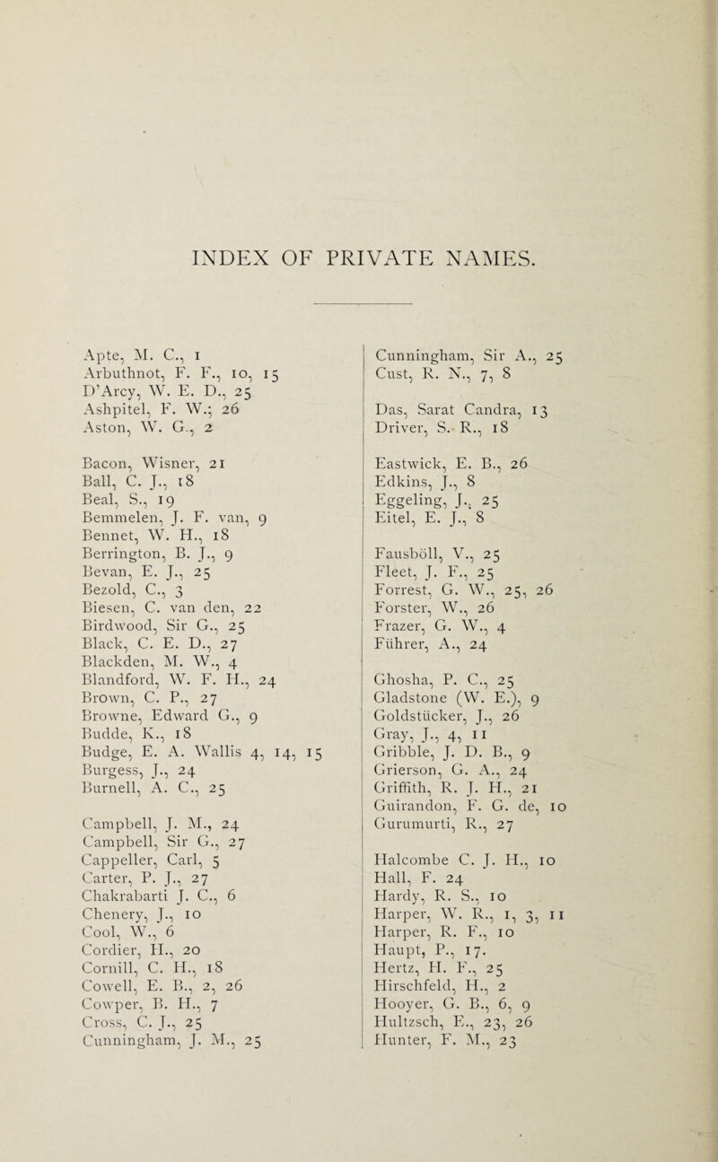 INDEX OF PRIVATE NAMES. Apte, M. C,, I Arbuthnot, F. F., lo, 15 D’Arcy, W. E. D., 25 Ashpitel, F. W.; 26 Aston, W. G., 2 Campbell, J. M., 24 Campbell, Sir G., 27 Cappeller, Carl, 5 Carter, P. J., 27 Chakrabarti J. C., 6 Cheneiy, J., 10 Cool, W.,'6 Corclier, H., 20 Cornill, C. H., 18 Cowell, E. B., 2, 26 Cowper, B. FT., 7 Cross, C. J., 25 Cunningham, J. M., 25 Cunningham, Sir A., 25 Cust, R. N., 7, 8 Das, Sarat Candra, 13 Driver, S. R., 18 Eastwick, E. B., 26 Edkins, J., 8 Eggeling, 25 Eitel, E. J., 8 Fausboll, V., 25 Fleet, J. F., 25 Forrest, G. W., 25, 26 Forster, W., 26 Frazer, G. W., 4 Fiihrer, A., 24 Ghosha, P. C., 25 Gladstone (W. E.), 9 Goldstiicker, J., 26 J., 4, II Gribble, J. D. B., 9 Grierson, G. A., 24 Guirandon, F. G. de, 10 Gurumurti, R., 27 Plalcombe C. J. H., 10 Hall, F. 24 Hardy, R. S., 10 Harper, W. R., i, 3, ii Plarper, R. F., 10 Haupt, P., 17. Hertz, PL P\, 25 Hirschfeld, PI., 2 Hooyer, G. B., 6, 9 Hultzsch, E., 23, 26 Planter, P. M., 23 Bacon, Wisner, 21 Ball, C. J., 18 Beal, S., 19 Bemmelen, J. P. van, 9 Bennet, W. H., 18 Berrington, B. J., 9 Bevan, E. J., 25 Bezold, C., 3 Biesen, C. van den, 22 Birdwood, Sir G., 25 Black, C. E. D., 27 Blackden, M. W., 4 Blandford, W. E. PL, 24 Brown, C. P., 27 Browne, Edward G., 9 Budde, K., 18 Budge, E. A. Wallis 4, 14, 15 Burgess, J., 24