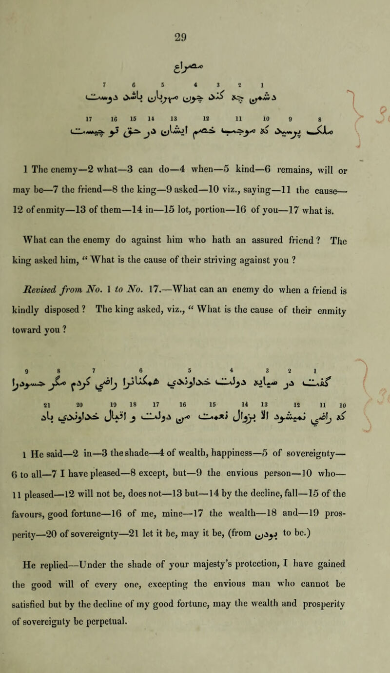 7 6 5 4 3 J 1 17 16 IS It 13 IS 11 10 9 8 1 The enemy—2 what—3 can do—4 when—5 kind—6 remains, will or may be—7 the friend—8 the king—9 asked—10 viz., saying—11 the cause— 12 of enmity—13 of them—14 in—15 lot, portion—IG of you—17 what is. What can the enemy do against him mIio hath an assured friend? The king asked him, “ What is the cause of their striving against you ? Revised from No. 1 to No. 17.—What can an enemy do when a friend is kindly disposed ? The king asked, viz., “ What is the cause of their enmity toward you ? 987 6 5 4321 21 SO 19 18 17 16 15 14 13 12 11 10 1 He said—2 in—3 the shade—4 of wealth, happiness—5 of sovereignty— 6 to all—7 I have pleased—8 except, but—9 the envious person—10 who— 11 pleased—12 will not be, does not—13 but—14 by the decline, fall—15 of the favours, good fortune—16 of me, mine—17 the wealth—18 and—19 pros¬ perity—20 of sovereignty—21 let it be, may it be, (from to be.) He replied—Under the shade of your majesty’s protection, I have gained the good will of every one, excepting the envious man who cannot be satisfied but by the decline of my good fortune, may the wealth and prosperity of sovereignty be perpetual.
