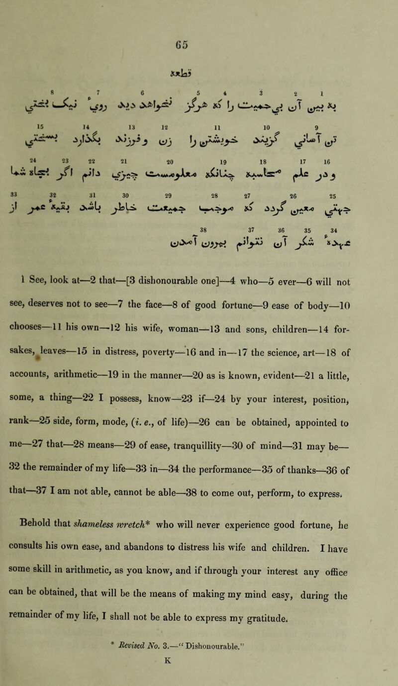 G5 XxlaJ ft 7 6 5 4 3 2 1 1 cl' 15 14 13 12 11 10 9 cr’ 24 23 22 21 20 19 18 17 16 • /' nulls'* >> 33 32 31 30 29 28 27 26 25 ► .. 38 37 36 35 34 P 1 See, look at—2 that—[3 dishonourable one]—4 who—5 ever—6 will not see, deserves not to see—7 the face—8 of good fortune—9 ease of body—10 chooses 11 his own—12 his wife, woman—13 and sons, children—14 for- sakes,^leaves—15 in distress, poverty—16 and in—17 the science, art—18 of accounts, arithmetic—19 in the manner—20 as is known, evident—-21 a little, some, a thing—22 I possess, know—23 if—24 by your interest, position, rank—25 side, form, mode, (t. e., of life)—26 can be obtained, appointed to ni® 27 that—28 means—29 of ease, tranquillity—30 of mind—31 may be— 32 the remainder of my life—33 in—34 the performance—35 of thanks—36 of that 37 I am not able, cannot be able—38 to come out, perform, to express. Behold that shameless ivretch* who will never experience good fortune, he consults his own ease, and abandons to distress his wife and children. I have some skill in arithmetic, as you know, and if through your interest any office can be obtained, that will be the means of making my mind easy, during the remainder of my life, I shall not be able to express my gratitude. * Revised No, 3.—“ Dishonourable.” K