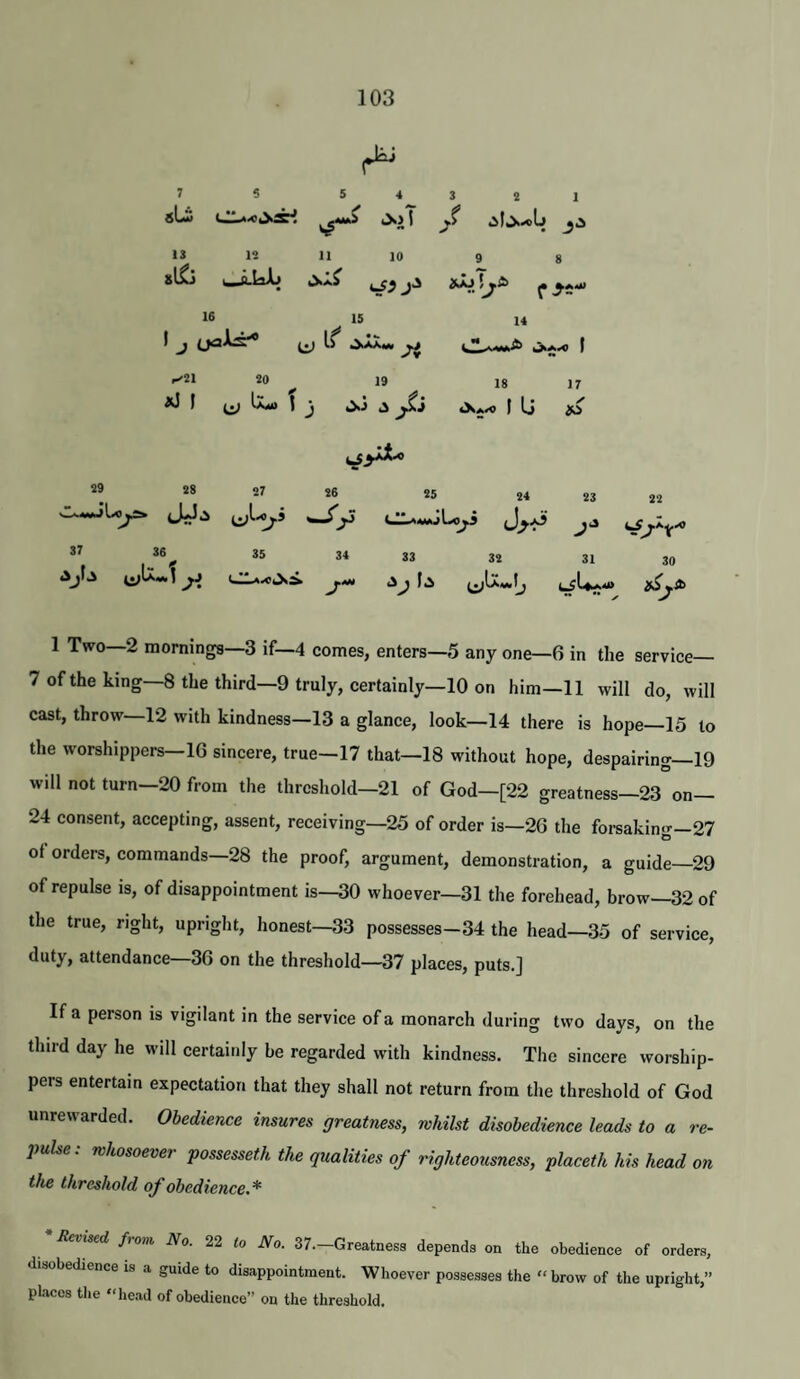 7 5 5^321 sU 'k 13 12 11 10 9 8 , Q Uij f .>5* 16 15 14 ( JkA.0 1 20 19 18 17 I ^ 1 3 tXA*c 1 L, » W 25 24 23 22 33 32 31 30 t^l«.A40 g^j.it> 1 iwo—mornings—6 if—4 comes, enters—5 any one—6 in the service 7 of the king—8 the third—9 truly, certainly—10 on him—11 will do, will cast, throw—12 with kindness—13 a glance, look—14 there is hope—15 to the worshippers—IG sincere, true—17 that—18 without hope, despairing—19 will not turn-20 from the threshold-21 of God-[22 greatness—23 on— 24 consent, accepting, assent, receiving—25 of order is—26 the forsaking—27 of orders, commands—28 the proof, argument, demonstration, a guide_29 of repulse is, of disappointment is—30 whoever—31 the forehead, brow—32 of the true, right, upright, honest—33 possesses—34 the head—35 of service, duty, attendance—36 on the threshold—37 places, puts.] 29 28 27 26 34 37 36 35 If a person is vigilant in the service of a monarch during two days, on the third day he will certainly be regarded with kindness. The sincere worship¬ pers entertain expectation that they shall not return from the threshold of God unrewarded. Obedience insures greatness, whilst disobedience leads to a re- pulse: whosoever possessed the qualities of righteousness, placeth his head on the threshold of obedience.* Revised from No. 22 to No. 37.—Greatness depends on the obedience of orders, disobedience is a guide to disappointment. Whoever possesses the “ brow of the upright,” places tlie “head of obedience” on the threshold.