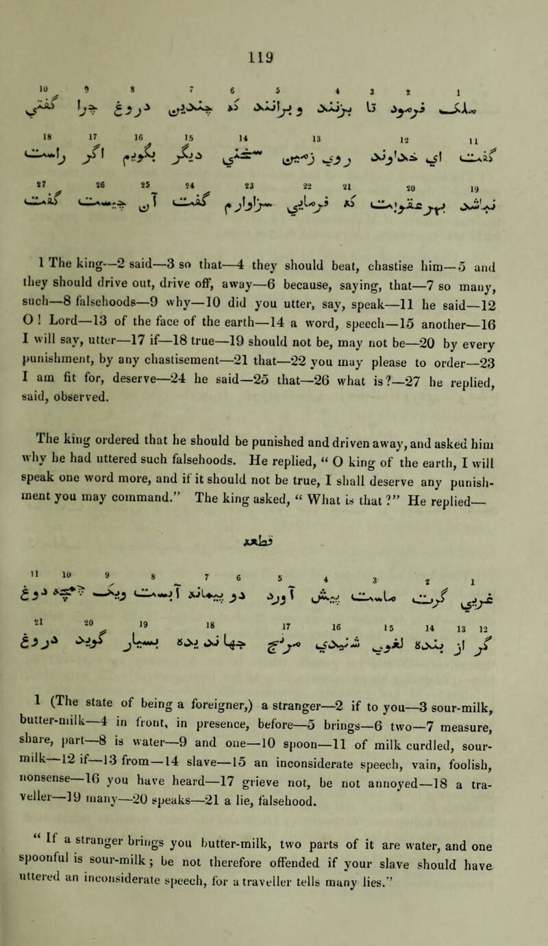 10 9 $ 6 5 4 3 9 1 l3 18 17 16 15 14 13 12 1 1 /' 97 S6 25 54 9 3 22 91 20 19 OUif ■ i 1 The king- -2 said— -3 so that —4 they should beat. chastise him- *5 and they should drive out, drive off, away—6 because, saying, that—7 so many, such—8 falsehoods—9 why—10 did you utter, say, speak—11 he said—12 O ! Lord—13 of the face of the earth—14 a word, speech—15 another—16 I will say, utter—17 if—18 true—19 should not be, may not be—20 by every putiishinent, by any chastisement—21 that—22 you may please to order—23 I am fit for, deserve—24 he said—25 that—26 what is?—27 he replied, said, observed. The king ordered that he should be punished and driven away, and asked him why he had uttered such falsehoods. He replied, “ O king of the earth, I will speak one word more, and if it should not be true, I shall deserve any punish¬ ment you may command.” The king asked, “ What is that ?” He replied— n 10 9 8 7 6 St 20 19 18 5^4 3 17 16 L MJ 15 14 13 12 1 (The state of being a foreigner,) a stranger—2 if to you—3 sour-milk, butter-niilk—4 iri front, in presence, before—5 brings—6 two—7 measure, share, part—8 is water—9 and one-10 spoon—11 of milk curdled, sour- from—14 slave—15 an inconsiderate speech, vain, foolish, nonsense 16 you have heard—17 grieve not, be not annoyed—18 a tra¬ veller 19 many—20 speaks—21 a lie, falsehood. If a stranger brings you butter-milk, two parts of it are water, and one spoonful is sour-milk ; be not therefore offended if your slave should have utleied an inconsiderate speech, for a traveller tells many lies.”