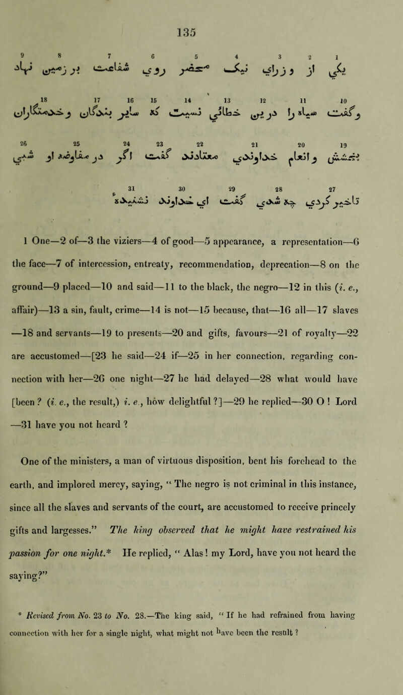 9 8 7 6 5 4 3 2 1 ji yos'*’ J 1 } j’ 18 17 16 16 % 14 13 12 11 10 .1 m * ^ 'j 26 25 24 23 22 21 20 19 'J'' /' r' *. A 31 30 ‘29 28 27 f, y, 1 One—2 of—3 the viziers—4 of good—5 a|>pcarance, a representation—(> the face—7 of intercession, entreaty, recommendation, deprecation—8 on the ground—9 placed—10 and said—11 to the hlack, the negro—12 in tliis (i. e., affair)—13 a sin, fault, crime—14 is not—15 because, that—10 all—17 slaves —18 and servants—19 to presents—20 and gifts, favours—21 of royalty—22 are accustomed—[23 he said—24 if—25 in her connection, regarding con¬ nection with her—20 one night—27 he had delayed—28 what would have [been ? (i. e., the result,) i. e., how delightful ?]—29 he replied—30 O ! Lord —31 have you not heard ? One of the ministers, a man of virtuous disposition, bent his forehead to the earth, and implored mercy, saying, “ The negro is not criminal in this instance, since all the slaves and servants of the court, ai e accustomed to receive princely gifts and largesses.” The hint) ohsei'ved that he might have restrained his passion for one night.* lie replied,  Alas! my Lord, have you not heard the saying?” * Revised from No. 23 lo No. 28.—The king said, “ If he had refrained from having connection with her for a single night, what might not have been the resnlt ?