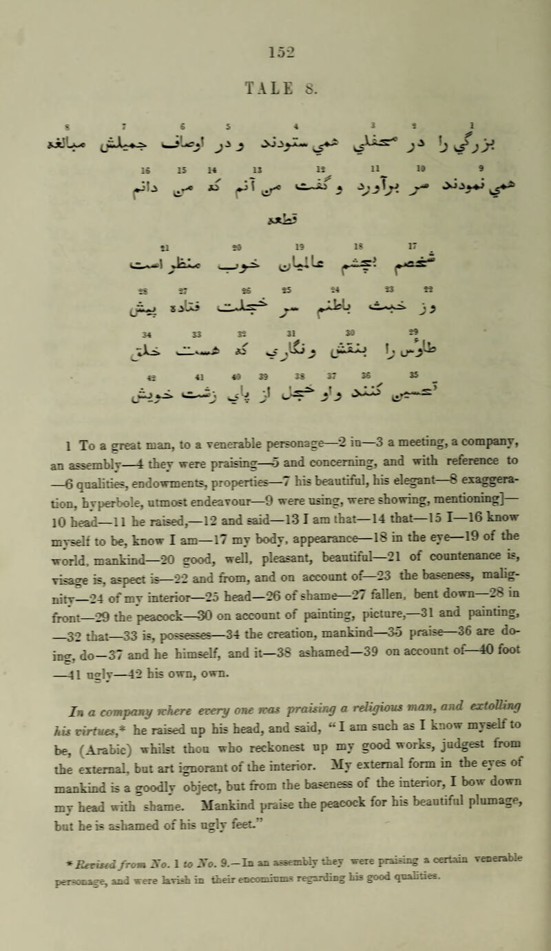TALE 8. < S * 3*1 j ^ bJjy- li 15 14 jb ..^ « 11 ^ • f fjt^ li ■ Sf 11 U ss lF^ 34 4* C^J u *• 19 is 17 >1 JiiLc ^LiLc 27 *£ *5 24 S3 tS ^ Vi 33 35 31 30 *9 ^ . / ijAJLi ^ • 41 40 39 38 37 36 35 -U -I J • v!^ 1 To a great man, to a venerable personage—2 in—3 a meeting, a company, an assembly—4 they were praising—5 and concerning, and with reference to —6 qualities, endowments, properties—/ his beautilhl, his elegant 8 ex^gera- tion, hyperbole, utmost endeavour—9 were using, were showing, mentioning]— lO heak—11 he raised,—12 and said—13 I am that—14 that—15 I-16 know myself to be, know I am—17 my body, appearance—18 in the eye—19 of the world, mankind—20 good, well, pleasant, beautiful—21 of countenance is, viage is, aspect is—22 and from, and on account of—23 the baseness, malig- uilT 24 of mv interior—25 head—26 of shame—27 fallen, bent down 28 in front-29 the peacock—30 on account of painting, picture,—31 and painting, _32 that—33 is, possesses—34 the creation, mankind—3o praise—36 are do- in«T do—37 and he himself, and it—38 ashamed—39 on account of—iO foot —11 nsly—12 his own, own. In a company tchere every one rca$ praisiny a religious man, and extolling his virtues,* he raised np his head, and said, “ I am such as I know myself to be, (Arabic) whilst thou who reckonest up my good works, judgest from the external, but art ignorant of the interior. My external form in the eyes of mankind is a goodly object, but from the baseness of the interior, I bow down my head with shame. Mankind pmtse the peacock for bis beautiful plumage, but he is ashamed of his ugly feet.” * Eeriud from So. 1 to -Vo. 9.-In an assembly they were praising a certain venerable personage, and were lavish in their encomhims regarding his good qualities.