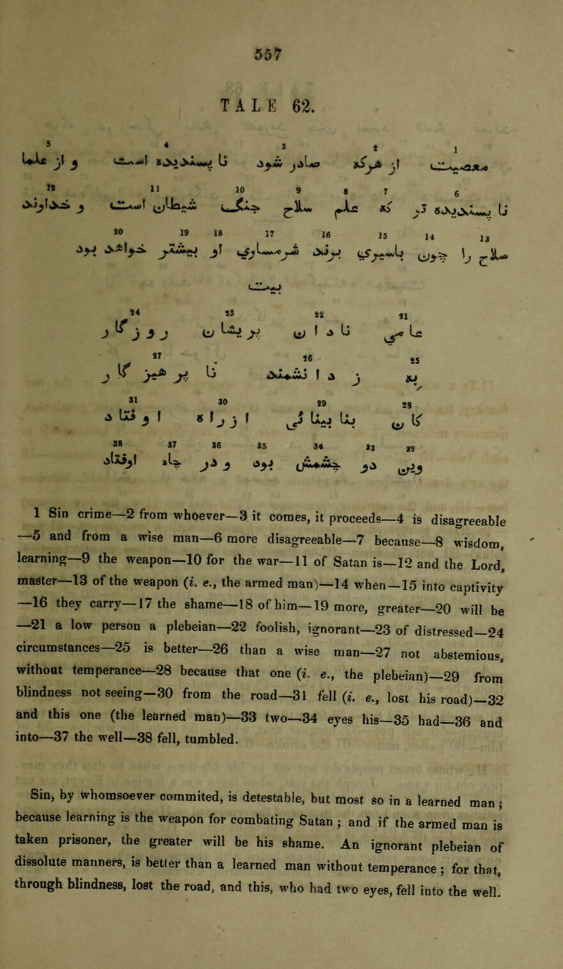 TALE 62. 5 4s Ur ;l3 It »l 10 9 8 T s J CU-f |»Xc *> ^3 ’i^SiyX^ L; *® 19 >8 IT 16 15 U It 94 ts J ^ j 3 j U 97 SI 99 I .> U 96 Aa^iCwJ f ^ 91 95 SO st^jf JliljlJJ JV 6* S7 S6 S5 S4 S3 » S7 S6 S5 ilxi^l »W 1 Sin crime—2 from whoever-3 it comes, it proceeds—4 is disagreeable —5 and from a wise man—6 more disagreeable—7 because-8 wisdom, learning—9 the weapon—10 for the war—11 of Satan is—12 and the Lord, master—13 of the weapon (L e., the armed man)—14 when—15 into captivity —16 they carry—17 the shame—18 of him—19 more, greater—20 will be —21 a low person a plebeian—22 foolish, ignorant—23 of distressed—24 circumstances—25 is better—26 than a wise man—27 not abstemious, without temperance—28 because that one (i. «., the plebeian)—29 from blindness not seeing-30 from the road—31 fell (t. e., lost his road)—32 and this one (the learned man)—33 two—34 eyes his—35 had—36 and into—37 the well—38 fell, tumbled. Sin, by whomsoever commited, is detestable, but most so in a learned man; because learning is the weapon for combating Satan ; and if the armed man is taken prisoner, the greater will be his shame. An ignorant plebeian of dissolute manners, is better than a learned man without temperance ; for that, through blindness, lost the road, and this, who had two eyes, fell into the well.