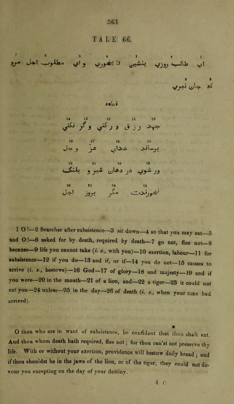 5G1 TALE 6G. ^ * S“4 3 * 1 J»I ^ s-JLis ol 9 B uW 14 13 U 11 10 J f ' ^ J 3 j J 18 17 16 15 > J SI 20 19 c_C.JL. 3 S5 24 23 1 0!-2 Searcher after subsistence—3 sit down—4 so that you may eat—5 and O!—6 asked for by death, required by death—7 go not, flee not—8 becau8e-9 life you cannot take (i. e.. with you)-10 exertion, labour—11 for 8ubBi8tence-12 if you do-13 and if. or if-14 you do not-15 causes to arrive (i. e, bestow6)-16 God-17 of glory-18 and rnajesty-lG and if you were—20 in the mouth-21 of a lion, and—22 a tiger—23 it could not cat you-24 unle8s-25 in the day-26 of death (i. e., when your time had arrived). O thou who are in want of subbisfenoe, be confident that thou shalt eat. And thou whom death hath required, flee not; for thou can’st not preserve thy life. With or without your exertion, providence will bestow daily bread j and if thou shouldst be in the jaws of the lion, or of the tiger, they could not de¬ vour you excepting on the day of your destiny. 4 C
