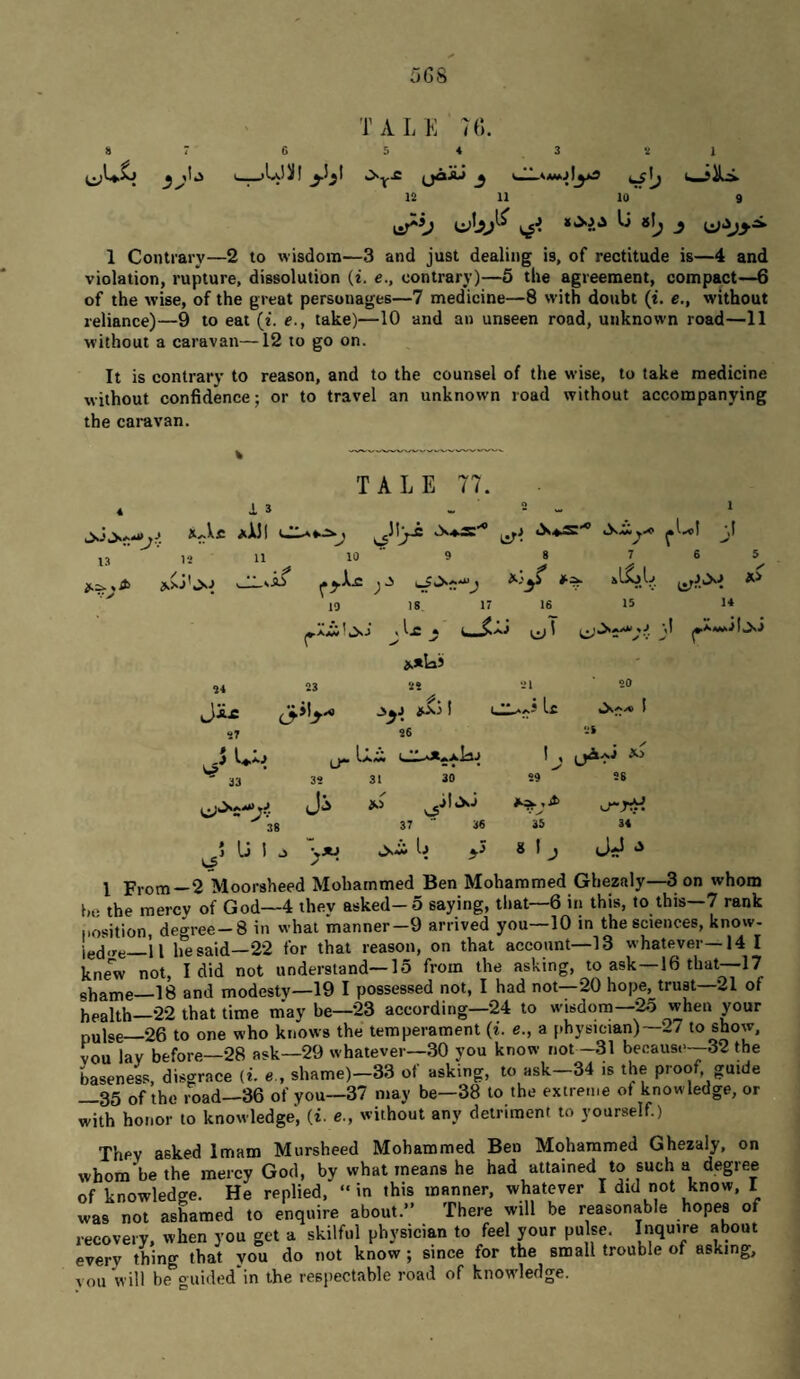 5G8 TALE 70. 87 6 54 3 21 (^U.^ '^V'“ (jaij ^ 4^1^ i«_>iLi. 12 11 10 ' 9 1 Contrary—2 to wisdom—3 and just dealing is, of rectitude is—4 and violation, rupture, dissolution (i. e., contrary)—5 the agreement, compact—6 of the wise, of the great personages—7 medicine—8 with doubt (i. e., without reliance)—9 to eat (i. e., take)—10 and an unseen road, unknown road—11 without a caravan—12 to go on. It is contrary to reason, and to the counsel of the wise, to take medicine without confidence; or to travel an unknown road without accompanying the caravan. TALE 77. U i s xJdi 12 11 ,o 11 10 ' 9 8 J 6 ^ 10 18 17 16 15 18 04 23 29 21 20 97 26 25 LT 33 32 31 30 29 SB 38 Ji JliXi o 37 ■■ 36 35 34 *1 U I .3 C5 S 1 J J-J I From—2 Moorsheed Mohammed Ben Mohammed Ghezniy—3 on whom be the mercy of God—4 they asked-5 saying, that—6 in this, to this—7 rank position, degree-8 in what manner—9 arrived you—10 in the sciences, know- jed.re—il he said—22 for that reason, on that account—13 whatever—14 I kne'w not, I did not understand—15 from the asking, to ask—16 that—17 shame—18 and modesty—19 I possessed not, I had not—20 hope, trust—21 of health—22 that time m'ay be—23 according—24 to wisdom—25 when your pul,e—26 to one who knows the temperament (i. e., a physician)—27 to show, vou lav before—28 ask—29 whatever—30 you know not-31 because—32 the Lsenek disgrace (i. e., shame)-33 of asking, to ask-34 is the proof guide —35 of the road—36 of you—37 may be—38 to the extreme of knowledge, or with honor to knowledge, (i. e., without any detriment to yourself.) They asked Imam Mursheed Mohammed Ben Mohammed Ghezaly, on whom be the mercy God, by what means he had attained to such a degree of knowledge. He replied, “in this manner, whatever I did not know, I was not asUmed to enquire about.*’ There will be reasonable hopes of recovery, when you get a skilful physician to feel your pulse. Inquire about every thing dl j V I* o* orw* I ^ J* that you do not know ; since for the small trouble or asking. VtJJ V lll***g^ I8f«*v - yri 11 ouwill be guided in the respectable road of knowledge.