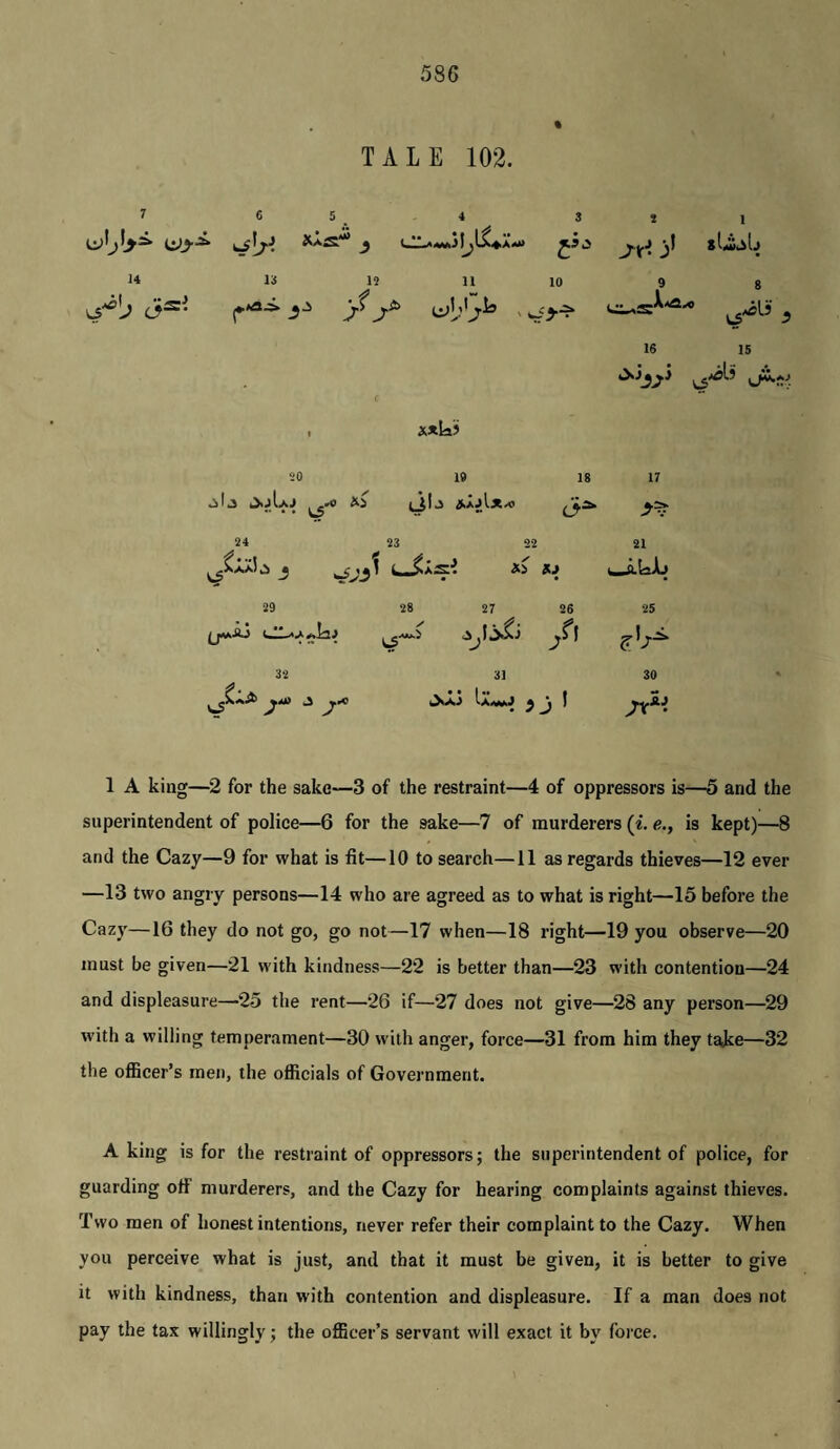 8 16 15 1 x*IaJ 2( ) 19 18 17 Us (jlj 24 23 22 21 Hi HJ • 29 28 27 26 25 /' 32 31 30 1 A king—2 for the sake—3 of the restraint—4 of oppressors is—5 and the superintendent of police—6 for the sake—7 of murderers (i. e., is kept)—8 and the Cazy—9 for what is fit—10 to search—11 as regards thieves—12 ever —13 two angry persons—14 who are agreed as to what is right—15 before the Cazy—16 they do not go, go not—17 when—18 right—19 you observe—20 must be given—21 with kindness—22 is better than—23 with contention—24 and displeasure—25 the rent—26 if—27 does not give—28 any person—29 with a willing temperament—30 with anger, force—31 from him they tajke—32 the officer’s men, the officials of Government. A king is for the restraint of oppressors; the superintendent of police, for guarding off murderers, and the Cazy for hearing complaints against thieves. Two men of honest intentions, never refer their complaint to the Cazy. When you perceive what is just, and that it must be given, it is better to give it with kindness, than with contention and displeasure. If a man does not pay the tax willingly; the officer’s servant will exact it by force.