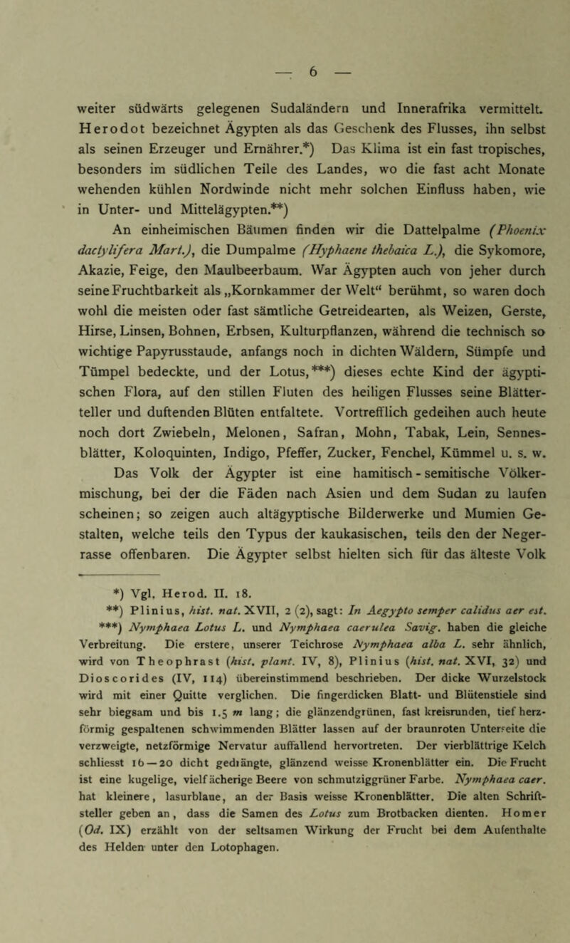 weiter südwärts gelegenen Sudaländern und Innerafrika vermittelt Herodot bezeichnet Ägypten als das Geschenk des Flusses, ihn selbst als seinen Erzeuger und Ernährer.*) Das Klima ist ein fast tropisches, besonders im südlichen Teile des Landes, wo die fast acht Monate wehenden kühlen Nordwinde nicht mehr solchen Einfluss haben, wie ■ in Unter- und Mittelägypten.**) An einheimischen Bäumen finden wir die Dattelpalme (Phoenix dactylifera Mari.), die Dumpalme (Hyphaene ihebaica L.), die Sykomore, Akazie, Feige, den Maulbeerbaum. War Ägypten auch von jeher durch seine Fruchtbarkeit als „Kornkammer der Welt“ berühmt, so waren doch wohl die meisten oder fast sämtliche Getreidearten, als Weizen, Gerste, Hirse, Linsen, Bohnen, Erbsen, Kulturpflanzen, während die technisch so wichtige Papyrusstaude, anfangs noch in dichten Wäldern, Sümpfe und Tümpel bedeckte, und der Lotus,***) dieses echte Kind der ägypti¬ schen Flora, auf den stillen Fluten des heiligen Flusses seine Blätter¬ teller und duftenden Blüten entfaltete. Vortrefflich gedeihen auch heute noch dort Zwiebeln, Melonen, Safran, Mohn, Tabak, Lein, Sennes- blätter, Koloquinten, Indigo, Pfeffer, Zucker, Fenchel, Kümmel u. s. w. Das Volk der Ägypter ist eine hamitisch - semitische Völker¬ mischung, bei der die Fäden nach Asien und dem Sudan zu laufen scheinen; so zeigen auch altägyptische Bilderwerke und Mumien Ge¬ stalten, welche teils den Typus der kaukasischen, teils den der Neger¬ rasse offenbaren. Die Ägypter selbst hielten sich für das älteste Volk ♦) Vgl. Herod. II. i8. *♦) PI in i US, hist. nat. XVII, 2 (2), sagt: In Aegypto semper calidus aer est. ***) Nymphaea Lotus L. und Nymphaea caerulea Savig. haben die gleiche Verbreitung. Die erstere, unserer Teichrose Nymphaea alba L. sehr ähnlich, wird von Theophrast [hist, plant. IV, 8), Plinius (Air/, «a/. XVI, 32) und Dioscorides (IV, 114) übereinstimmend beschrieben. Der dicke Wurzelstock wird mit einer Quitte verglichen. Die fingerdicken Blatt- und Blütenstiele sind sehr biegsam und bis 1.5 m lang; die glänzendgrünen, fast kreisrunden, tief herz¬ förmig gespaltenen schwimmenden Blätter lassen auf der braunroten Unterfeite die verzweigte, netzförmige Nervatur auffallend hervortreten. Der vierblättrige Kelch schliesst ib —20 dicht gedrängte, glänzend weisse Kronenblätter ein. Die Frucht ist eine kugelige, vielf ächerige Beere von schmutziggrüner Farbe. Nymphaea caer. hat kleinere, lasurblaue, an der Basis weisse Kronenblätter. Die alten Schrift¬ steller geben an, dass die Samen des Lotus zum Brotbacken dienten. Homer (Od. IX) erzählt von der seltsamen Wirkung der Frucht bei dem Aufenthalte des Helden unter den Lotophagen.