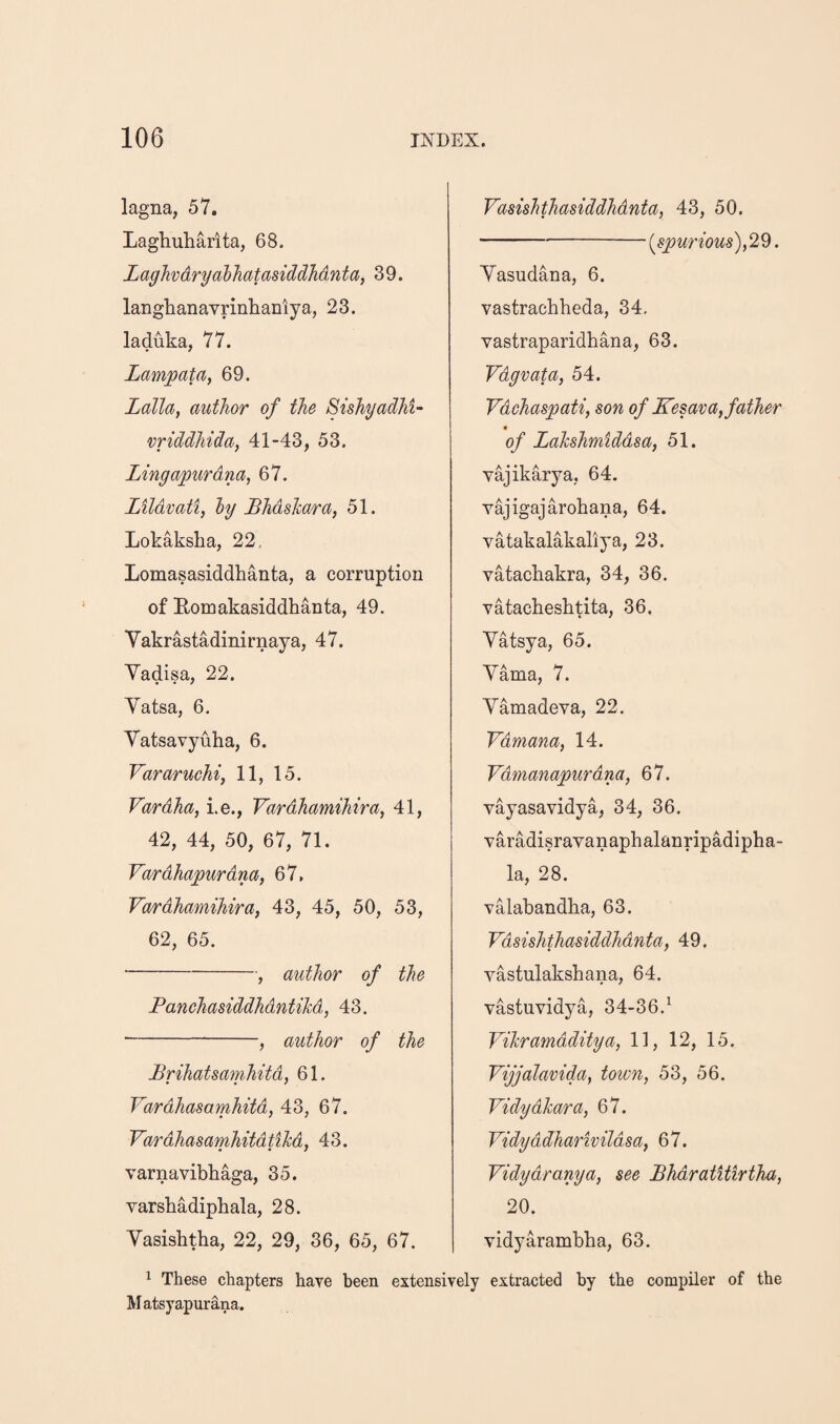 lagna, 57. Laghuharita, 68. Laghvdryahhatasiddhdnta, 39. langhanavrinliaDiya, 23. laduka, 77. Lampata, 69. Lalla, author of the Sishyadhi- vriddhida, 41-43, 53. Lingapurdna, 67. Lildvati, hy Bhdslcara, 51. Lokaksha, 22, Lomasasiddhanta, a corruption of Eomakasiddhanta, 49. Vakrastadinirnaya, 47. Yadisa, 22. Yatsa, 6. Yatsavyuha, 6. Vararuchi, 11, 15. Vardha, i.e., Vardhamihira^ 41, 42, 44, 50, 67, 71. Vardhapurdm, 67, Vardhamihira^ 43, 45, 50, 53, 62, 65. -, author of the Panchasiddhdntihd, 43. --, author of the JBrihatsamhitd, 61. Vardhasamhitd, 43, 67. Vardhasamhitdtikd, 43. • • / varnavibhaga, 35. varsbadipbala, 28. Yasishtha, 22, 29, 36, 65, 67. VasisJithasiddhdnta, 43, 50. -(^spurious),2^. Yasudana, 6. vastrachbeda, 34, vastraparidhana, 63. Vdgvata, 54. Vdchaspati, son of Kesava, father of Lahshmiddsa, 51. yajikarya, 64. vajigajarohana, 64. yatakalakaliya, 23. vatachakra, 34, 36. Yatachesbtita, 36. Yatsya, 65. Yama, 7. Yamadeva, 22. Vdmana, 14. Vdmanapurdna, 67. vayasavidya, 34, 36. varadisravanaphalanripadipha- la, 28. valabandha, 63. Vdsishthasiddhdnta, 49. vastulakshana, 64. vastuvidya, 34-36.^ Vihramdditya, 11, 12, 15. Vijjalavida, town, 53, 56. Vidydhara, 67. Vidyddharivildsa, 67. Vidydranya, see Bhdratitirtha, 20. vidyarambba, 63. ^ These chapters have been extensively extracted by the compiler of the Matsyapurana.