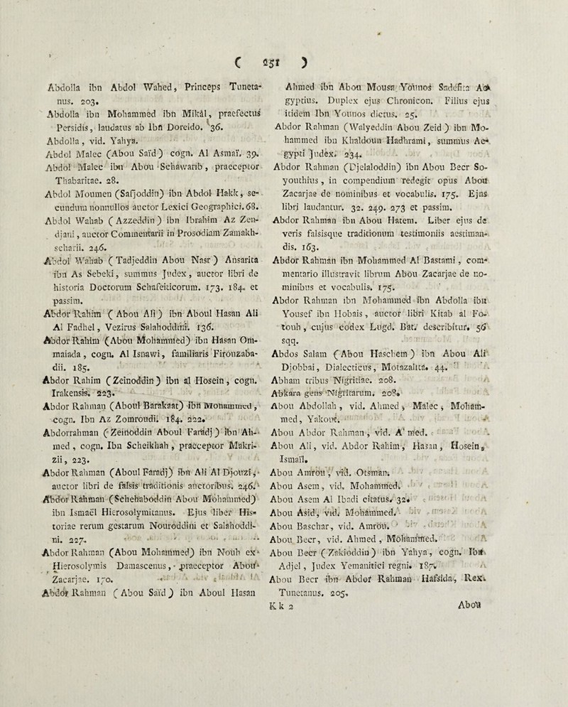 C «5« ) Abdolla ibn Abdol Wahed, Princeps Tuneta- nus. 203. Abdolla ibn Mohammed ibn Mik&l, praefectus Persidis, laudatus ab Ibn Doreido. 36. Abdolla , vid. Yahya. Abdol Malee (Abou Sai'd) cogn. AI AsmaT. 39. Abdol Malee ibn Abou • Schawarib, praeceptor Thabaritae. 28. Abdol Moumen (Safjoddin) ibn Abdol Hakk, se- cutidura nonnullos auctor Lexici Geographici. 68. Abdol Wahab C Azzeddin) ibn Ibrahim Az Zen- djani, auctor Commentarii in Prosodiam Zaraakh- scharii. 246. Abdol Wahab ( Tadjeddin Abou Nasr ) Ansarita ibn As Sebeki, summus Judex, auctor libri de historia Doctorum Schafeiticorum. 173. 184. et passim. Abdor'Rahim ( Abou Ali) ibn Aboul Hasan Ali Ai Fadhel, Vezirus Salahoddtni; 136. Abdor Rahim (Abou Mohammed) ibn Hasan Om- maiada , cogn, AI Isnawi, familiaris Firouzaba- dii. 185. Abdor Rahim (Zeinoddin) ibn al Hosein, cogn. Irakensis. 223. Abdor Rahman (Aboul Barakaat) ibn Monammrd, cogn. Ibn Az Zomroudli 184. 222. Abdorrahman ( Zeinoddin Aboul Farfcdj) ibn Ah- med, cogn. Ibn Scheikhah, praeceptor Makri- zii, 223. Abdor Rahman (Aboul Faradj) ibn Ali AlDjouzi, auctor libri de falsis traditionis auctoribus, 246. ' Abdor Rahman (Schehaboddin Abou Mohammed) ibn Ismael Hierosolymitanus. Ejus liber His» toriae rerum gestarum Nouroddini et Salahoddi- ni. 227. *' ■*- ' t“ * *• 1 ** Abdor Rahman (Abou Mohammed) ibn Noiih ex- Hierosolymis Damascenus, • .praeceptor Aboif1 Zacarjae. 170. •••'■• t ' ’• 1 Abdor Rahman (Abou Said) ibn Aboul Hasan Ahmed ibn Abou Mousn Younos Saddfita Ae> gyptius. Duplex ejus Chronicon. Filius ejus itidem Ibn Younos dictus, 25. Abdor Rahman (Walyeddin Abou Zeid ) ibn Mo¬ hammed ibn Khaldoun Hadhrami, summus A e» gypti judex. 234. Abdor Rahman (Djelaloddin) ibn Abou Beer So- youthius, in compendium redegit opus Abou Zacarjae de nominibus et vocabulis. 175. Ejns libri laudantur. 32. 249. 273 et passim. Abdor Rahman ibn Abou Hatetn. Liber ejus de veris falsisque traditionum testimoniis aestiman¬ dis. 163. Abdor Rahman ibn Mohammed AI Bastami, com¬ mentario illustravit librum Abou Zacarjae de no¬ minibus et vocabulis. 175. Abdor Rahman ibn Mohammed ibn Abdolla ibn Yousef ibn Ilobais, auctor libri Kitab al Fo- touh , cujus codex Lugd. Bat. describitur. 56 sqq. Abdos Salam (Abou Hnschem) ibn A.bou Ali Djobbai, Dialecticus, Motazahta. 44. Abham tribus Nigritiae. 208. Abkara gens ‘Nigri tarum. 208« Abou Abdollah , vid. Ahmed ■, Malee , Moham¬ med, Yakonti Abou Abdor Rahman , vid. A’med, Abou Ali, vid. Abdor Rahim, Hasan, Hosein 9 Ismai'1» Abou Amrou, vid. Ots-man. Abou Asem, vid, Mohammed. ' Abou Asem Al Ibadi citatus. 32* Abou Asid, vid,- Mohammed. Abou Baschar, vid. Amrou. * -!' -' Abou Beer, vid. Ahmed , Mdhnmftfied. Abou Beer ( Zakioddin) ibn Yahya, cogn. Ibtt Adjel, Judex Yemanitici regni. 187» Abou Beo: ibn Abdor Ralnnan Hafsida, Rexi. Tunetanus. 205. Kk 2 AboU