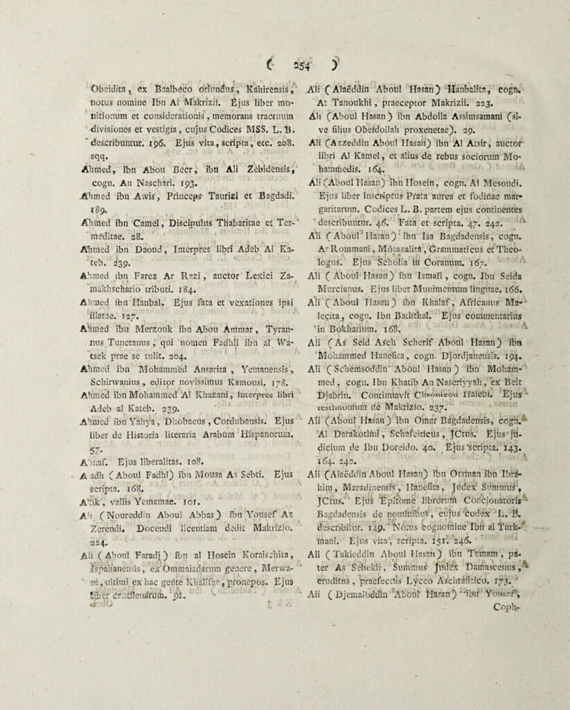 (■ > Obeiditaex Bnalbeco orinndus., Kahirensis, notus nomine Ibn Al Mhkrizii. Ejus liber mo¬ nitionum et considerationis, memorans tractuum divisiones et vestigia, cujus Codices MSS. L.B. describuntur. 196. Ejus vita, scripta, etc. 208. c«v ib A sqq. Ahmed, ibn Abou Beer, ibn Ali Zebidensis, cogn. An Nnschari. 193. Ahmed ibn Awis, Princeps Taurizi et Bagdadi. 189. Ahmed ibn Camel, Discipulus Thabaritae et Ter-' m editae. 28* Ahmed ibn Daoud, Interpres libri Adeb Al Ka- teb. 239. Ahmed ibn Farez Ar Rnzi, auctor Lexici Za- makhschario tributi. 184. Ahmed ibn Ilanbal. Ejus fata et vexationes ipsi illatae. T27. Ahmed ibn Merzouk ibn Abou Ammar, Tyran- nus Tunetanus, qui nomen Fadhli ibn al Wa- tsek prae se tulit. 204. Ahmed ibn Mohammed Ansarita , Yemanensis, Schirwanius., editor novissimus Kamousi. 178. Ahmed ibn Mohammed Al Khazani, interpres libri Adeb al Kateb. 239. Ahmed ibn Yahya, Dhobaeus, Cordubensis. Ejus liber de Historia literaria Arabum Hispanorum. 57- Ahnaf. Ejus liberalitas. 108. A adh (Aboul Fadhl) ibn Mousa At Sebti. Ejus scripta. 168. Akik, vallis Yemamae. 101. Au (Noureddin Aboul Abbas) ibn Yousef Az Zerendi. Docendi licentiam dedit Makrizio. •224* Ah ( Aboul Faradj ) ibn al Hosein Kornisehita, fspahanensis, ex Ommaiadarum genere, Menva- mi,•ultimi ex hac gente KhaliTrm ,‘pronepos. Ejus iiber crutile!iarum. 01« *i -!0 : . Ali C Alaeddin Aboul Hasan) Hanbaltta, cogn. At Tanoukhi, praeceptor Makrizii. 223. Ah (Aboul Ilasan) ibn Abdolla Assimsamani (si¬ ve filius Oberdoilah proxenetae). 29. t Ali (Azzeddin Aboul Hasah) ibn Al Atsir, auctor libri Al Kamel, et alius de rebus sociorum Mo- hammedis. 164. Ali (Aboul Hasan) ibn Hosein, cogn. Al Mesoudi. Ejus liber inscriptus Prata aurea et fodinae mar¬ garitarum. Codices L. B» partem ejus continentes describuntur. 46. Fata et scripta. 47. 242. 1 Ali ( Aboul' Hasan ) ‘ ibn Isa Bagdadensis, cogn. A’’Rommani, MotazalitS, Grammaticus et Theo- logus. Ejus Scholia in Coranum. 167. Ali (Aboul Hasan) ibn Ismai‘1, cogn. Ibn Seida Murcianus. Ejus liber Munimentum linguae. 166. Ali (Aboul Hasan) ibn Ivhalaf, Africanus Ma- lccita, cogn. Ibn Bachthal. Ejus commentarius 'in Bokharium. 168. Ali (As Seid Asch Schcrif Ahoul Hasan) ibn Mohammed Idanefita, cogn- Djordjanensis. 194. Ali ( Schemsoddin' AbOul Ilasan) ibn Moham¬ med, cogn. Ibn Khatib An Naseriyyah, ex Beit Djabrin. Continuavit Chr.°»icou iiaiebi. Ejus icsviitiohium cie Makrizio. 237. Ali (Aboul Hasan) ibn Omar Bagdadensis, cogn. Al Darakothfni, Schnfeiticus , fCtus.4 Ejus ju¬ dicium de Ibn Doreido. 40. Ejus'scripta. 143. 164. 242. Ali (Alaeddin Aboul Hasan) ibn Otslnan ibn Ibrd- him, Maradinensis, Hahefita, Jfidex Summtii', JCtus.  Ejiis 'Epitome librorum Coiicionatoris * Bagdadensis de nominfbuk, cujus codex L. B. describitur. 149.' Notus cognomine'Ibn alTurk-' mani. Ejus vita, scripta. 151. 246, Ali ( Takieddin Aboul Hasan) ibn Ternam, pa¬ ter As Sebekii, Summus Juddx Damascenus /* eruditus, praefectus Lyceo Aschrafitico. 173. Ali ( Djemaibddin 'Aboul Ilasan) ‘itor Yousef, Copli-