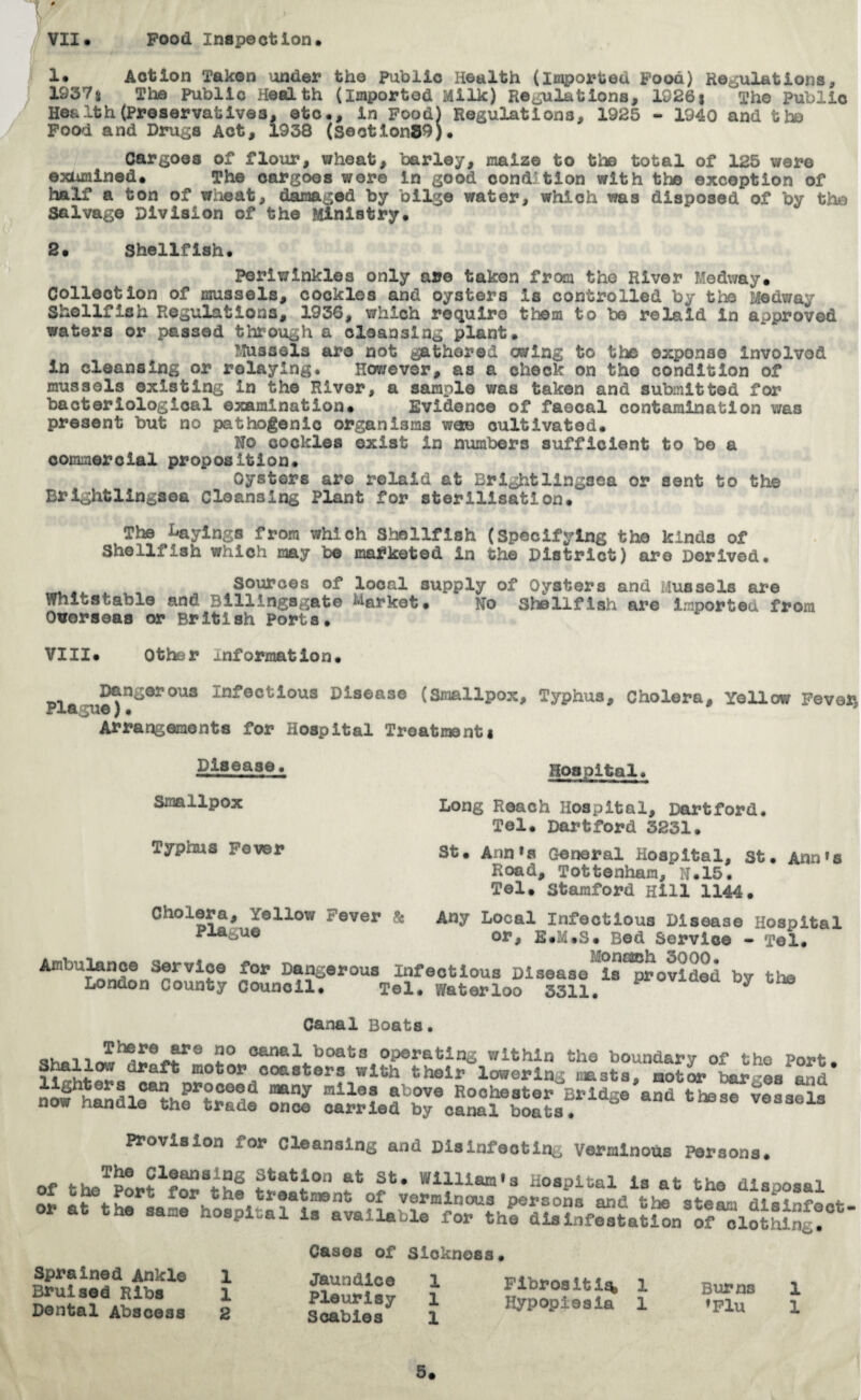 1. Action Taken under the Public Health (imported Food) Regulations, 1937s The public Health (imported Milk) Regulations, 1926j The Public Health (Preservatives, etc., in Food) Regulations, 1925 - 1940 and the Food and Drugs Act, 1938 (SectIonS9). Cargoes of flour, wheat, barley, maize to the total of 125 were examined. The cargoes were In good condition with the exception of half a ton of wheat, damaged by bilge water, which was disposed of by the Salvage Division of the Ministry. 2. Shellfish. Periwinkles only are taken from the River Medway. Collection of mussels, cockles and oysters is controlled by the Medway Shellfish Regulations, 1936, which require them to be relaid in approved waters or passed through a cleansing plant, Mussels are not gathered owing to the expense involved In cleansing or relaying* However, as a check on the condition of mussels existing In the River, a sample was taken and submitted for bacteriological examination. Evidence of faecal contamination was present but no pathogenic organisms we® cultivated. No cockles exist In numbers sufficient to be a commercial proposition. Oysters are relaid at Brightlingsea or sent to the Brightlingsea Cleansing Plant for sterilisation. The hayings from which Shellfish (Specifying the kinds of Shellfish which may be marketed in the District) are Derived* Sources of local supply of Oysters and Mussels are Whitstable and Billingsgate Market. No Shellfish are imported from Overseas or British Porta. VIII. Other .information. Dangerous infectious Disease (Smallpox, Typhus, Cholera, Yellow Fever gu©) • Arrangements for Hospital Treatment* Disease* Smallpox Typhus Fever Cholera, Yellow Fever & Plague Ambulance Service for Dangerous London County Council Hospital* Long Roach Hospital, Dartford* Tel. Dartford 3231. St* Ann’s General Hospital, st. Anri»s Road, Tottenham, N.15* Tel. Stamford Hill 1144. Any Local Infectious Disease Hospital or, E.M.S. Bed Service - Tel. Moncach 3000* Infectious Disease Is provided bv the Tel. Waterloo 3311. Canal Boats• i JEh^r0-«?1,0 I10 0&nal boats operating within the boundary of the Port ara^k motor coasters with their lowering masts, motor barges and* now^handle& the * t »> r ^« m7 mU°? !?bove Roche3tor’ Bridge and these vessels now nanuiQ the i*raue once carried by canal boats. provision for cleansing and Disinfecting Verminous persons. r.f .Jf Station at St. William's Hospital is at the dlaooaal or ,tt he sam^o.^^ Sprained Ankle l Bruised Ribs l Dental Abscess 2 Cases of Sickness. Jaundice 1 Fibrositi^ 1 Pleurisy 1 Hypopiesia 1 Scabies 1 Burns l ’Flu 1 5.
