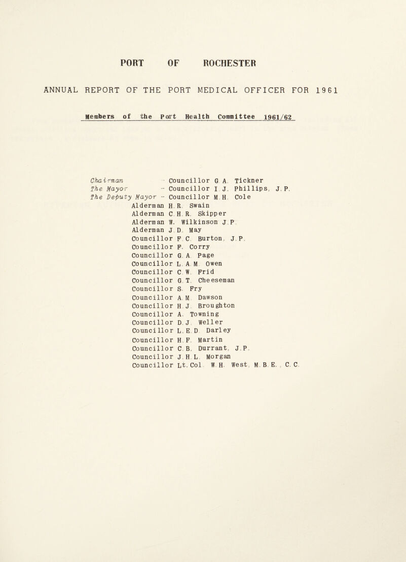 PORT OF ROCHESTER ANNUAL REPORT OF THE PORT MEDICAL OFFICER FOR 1961 Members of the Port Health Committee 1961/62 Chairman - Councillor G A Tickner The Mayor - Councillor I jo Phillips, Jt. p. The Deputy Mayor ~ Councillor M Ho Cole Alderman H R, Swain Alderman C H R Skipper Alderman W. Wilkinson J\P Alderman J D. May Councillor P C Burton, J P, Councillor F. Corry Councillor G, A Page Councillor L A M Owen Councillor C W Frid Councillor G„ T Cheeseman Councillor S. Fry Councillor A M Dawson Councillor H J Broughton Councillor A. Towning Councillor D. J Weller Councillor L,E D Darley Councillor HuFt Martin Councillor C„B Durrant, J P r Councillor jr H L Morgan Councillor Lt. Col W H West, M B.E, , C. C