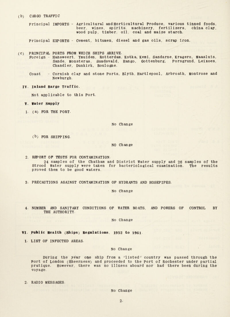 (b) CARGO TRAFFIC principal IMPORTS - Agricultural and Horticultural Produce, various tinned foods, beer,, wines, spirits, machinery, fertilizers, china clay, wood pulp, timber,, oil, coal and maize starch. Principal EXPORTS - Cement, bitumen, diesel and gas oils, scrap iron. (C) PRINCIPAL PORTS FROM WHICH SHIPS ARRIVE. Foreign - Hansweert, Ymuiden, Rotterdam, Kotka, Kemi, Sandarne, Kragero, Maasluis, Sande, Monsteras, Sumdsvald, Hango, Gottenburg, Porsgrund, Leixoes, Chandler, Dunkirk, Boulogne. Coast - Cornish clay and stone Ports, Blyth,, Hartlepool, Arbroath, Montrose and Newburgh. IV. inland Barge Traffic. Not applicable to this Port. V. Water Supply 1 (a) FOR THE PORT. No Change (b) FOR SHIPPING, NO Change 2. REPORT OF TESTS FOR CONTAMINATION 24 samples of the Chatham and District Water supply and 26 samples of the Strood Water supply were taken for bacteriological examination. The results proved them to be good waters. 3. PRECAUTIONS AGAINST CONTAMINATION OF HYDRANTS AND HOSEPIPES. No Change 4o NUMBER AND SANITARY CONDITIONS OF WATER BOATS,, AND POWERS OF CONTROL BY THE AUTHORITY, No Change VI. Public Health (Ships) Regulations, 1952 to 1961 1 LIST OF INFECTED AREAS, No Change During the year one ship from a listed'1’ country was passed through the Port of London (Sheerness) and proceeded to the port of Rochester under partial pratique. However, there was no illness aboard nor had there been during the voyage. 2 RADIO MESSAGES. No Change 2-