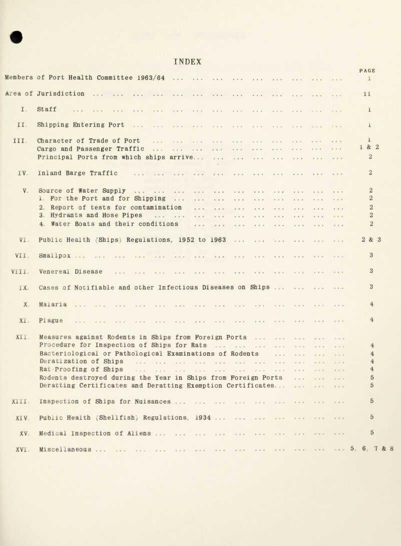 INDEX Members PAGE of Port Health Committee 1963/64 ... ... ... ... ... ... ... ... ... i Area of Jurisdiction .o. ... © o . ... .0. ... ... ..0 ... ... c.. ... ... 11 L St 3* f f ooe ... OOO OO. (too .GO ono .00 00. 0.0 .0. 0.0 000 0.0 1 II. Shipping Entering Port ... ... ... ... ... ... ... ... ... ... i III. Character of Trade of Port ... ... ... ... ... ... ... ...... ... I Cargo and Passenger Traffic ... ... ... ... ... .-. ... ••• ••• I & 2 Principal Ports from which ships arrive... ... ... ... ... ... ... ... 2 IV. Ini an d Burge Traffic ooo , o . oo. ooo .©o o.o o.o ..o o.o .oo ... 2 V. Source of Wafer Supply ... ... ... ,.. ... ... ... ... ... ... ... 2 1. For the Port and for Shipping ... ... ... ... ... ... ... ... ... 2 2. Report of tests for contamination ... ... ... ... ... ... ... ... 2 3. Hydrants and Hose Pipes ... ... ... ... ... ... ... ... ... ... 2 4. Water Boats and their conditions ... ... ... ... ... ... ... ... 2 VI. Public Health (Ships) Regulations, 1952 to 1963 ... ... ... ... ... ... 2&3 VII. Sm a X l P 0 lb ooo OOO o.o OOO ooo OO O OOO .00 OOO OOO OOO OOO OO. 00 0 3 VII I 0 Venereal Disease ... ..o .o. ..o ... .oo ... ... o.. o.o .o. oo. 3 IX. Cases of Notifiable and other Infectious Diseases on Ships ... ... ... ... 3 X,. a 1 1^ 1 Qf OOO OOO OOO OOO OOO OOO OOO OOO OOO .00 ooo 0 • 0 0 ooo ooo 1 XI o P I a gU e oo. ooo ooo ooo OOO 0.0 OOO OOO 0.0 OOO 0.0 ooo ooo ooo 4 XII. Measures against Rodents in Ships from Foreign Ports ... ... ... ... ... Procedure for Inspection of Ships for Rats ... ... ... ... ... ... ... 4 Bacteriological or Pathological Examinations of Rodents ... ... ... ... 4 Deratization of Ships ... ... ... ... ... ... ... ... ... ... ... 4 Rat Proofing of Ships ... ... ... ... ... ... ... ... ... . ... 4 Rodents destroyed during the Year in Ships from Foreign Ports ... ... ... 5 Deratting Certificates and Deratting Exemption Certificates... ... ... ... 5 XIII. Inspection of Ships for Nuisances ... ... ... ... ... ... ... ... ... 5 XIV Public Health (Shellfish) Regulations, 1934 ... ... ... ... ... ... ... 5 XV. Medical Inspection of Aliens ... ... ... ... ... ... ... ... ■><>. ° » ° 5 XVI. Miscellaneous ... ... ... ... ... ... ... ... ..<> ... ° . . ... »« ° 5 0 6C T&8