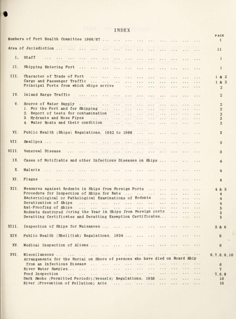 INDEX Members of Port Health Committee 1966/67 Area of Jurisdiction . O O coo o o o o o 0 9 I. Staff II. Shipping Entering Port 9 9 0 • 9 9 9 III. Character of Trade of Port Cargo and Passenger Traffic Principal Ports from which ships arrive • © « 9 0 0 0 9 9 9 9 9 9 9 9 9 9 IV. Inland Barge Traffic Source of Water Supply ... ... 1. For the Port and for Shipping 2. Report of tests for contamination 30 Hydrants and Hose Pipes 4 Water Boats and their condition o o o 0 9 0 9 9 0 9 0 0 O C 9 o © o o ® © 0 ooo o o 0 9 0 0 9 9 0 9 0 9 © O © 9 O O 0 0 9 VI. Public Health (Ships) Regulations, 1952 to 1966 O O O 9 9 O O © O' O © O VII. Smallpox U © © O 0 0 9 0 9 0 VIII. Venereal Disease o o o o e ® o o- IX, Cases of Notifiable and other Infectious Diseases on Ships 9 9 V O O © O © O O X. Malaria XI „ Plague o © ® o © © © © © o © » w © ©O© 0 0 9 Q- 9 0 0 0 9 O O O 9 9 0 9 0 © & 9 0 O © © © O O © © © © XII. Measures against Rodents in Ships from Foreign Ports ... Procedure for Inspection of Ships for Rats ... ... ... Bacteriological or Pathological Examinations of Rodents Deratization of Ships ... ... ... ... ... ... ... Rat-Proofing of Ships ... ... ... ... ... ... ... Rodents destroyed during the Year in Ships from Foreign ports Deratting Certificates and Deratting Exemption Certificates O© 9 0 0 © © © © © 0 0 9 0 9 0 XIII. Inspection of Ships for Nuisances ... ... XIV. Public Health (Shellfish) Regulations, 1934 © © • « 9 9 9 © © 9 0© 9 9 O 0 9 © XV, Medical Inspection of Aliens . © © 0 9 9 9 9 9 0 0 0 9 9 0# 0 0 9 9 0 0 to o o © © © o o © © O © O O 9 0 u o o © o oo coo 090 ooo XVI, Miscellaneous ... Arrangements for the Burial on Shore of persons who have died on Board Ship from an Infectious Disease River Water Samples Food Inspection Dark Smoke (Permitted Periods)(Vessels) Regulations, 1958 River (Prevention of Pollution) Acts f» O o o © o © © o o o 0 9 0 9 0 0 O O t> o. © © ©a© ooo © cv o o © © ooo ooo ©e© ©o ooo PAGE 1 ii 1 1 1 & 2 1 & 2 2 © © 9 0 9 0 9 9 0 0 2 2 2 2 2 3 3 3 4 4 4 4 & 5 4 4 4 5 5 5 5 & 6 6 6 6, 7,8,9 6 7 7t8,9 10 10 , 10