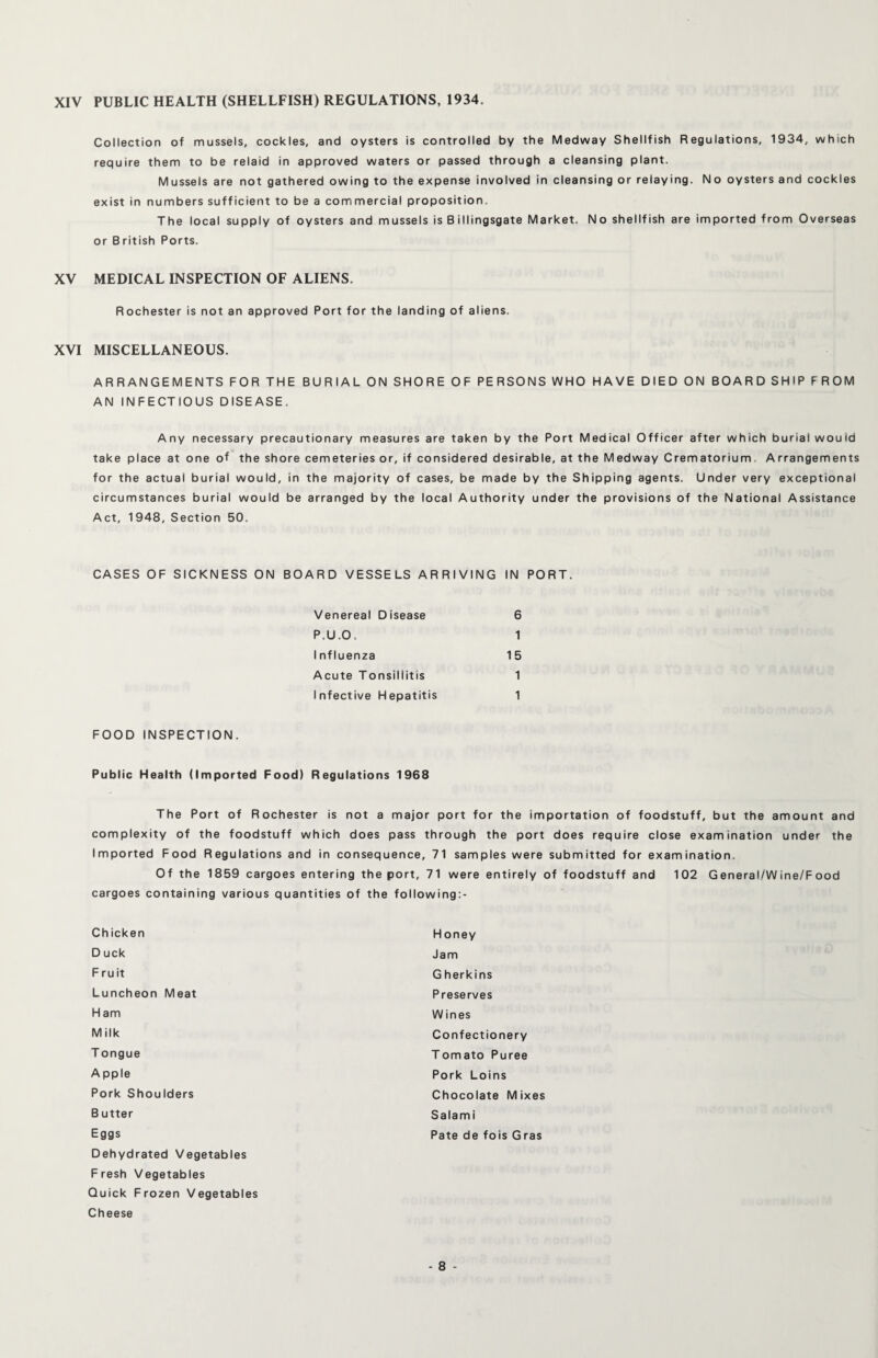 XIV PUBLIC HEALTH (SHELLFISH) REGULATIONS, 1934. Collection of mussels, cockles, and oysters is controlled by the Medway Shellfish Regulations, 1934, which require them to be relaid in approved waters or passed through a cleansing plant. Mussels are not gathered owing to the expense involved in cleansing or relaying. No oysters and cockles exist in numbers sufficient to be a commercial proposition. The local supply of oysters and mussels is Billingsgate Market. No shellfish are imported from Overseas or British Ports. XV MEDICAL INSPECTION OF ALIENS. Rochester is not an approved Port for the landing of aliens. XVI MISCELLANEOUS. ARRANGEMENTS FOR THE BURIAL ON SHORE OF PERSONS WHO HAVE DIED ON BOARDSHIPFROM AN INFECTIOUS DISEASE. Any necessary precautionary measures are taken by the Port Medical Officer after which burial would take place at one of the shore cemeteries or, if considered desirable, at the Medway Crematorium Arrangements for the actual burial would, in the majority of cases, be made by the Shipping agents. Under very exceptional circumstances burial would be arranged by the local Authority under the provisions of the National Assistance Act, 1948, Section 50. CASES OF SICKNESS ON BOARD VESSELS ARRIVING IN PORT. Venereal Disease 6 P.U.O, 1 Influenza 15 Acute Tonsillitis 1 Infective Hepatitis 1 FOOD INSPECTION. Public Health (Imported Food) Regulations 1968 The Port of Rochester is not a major port for the importation of foodstuff, but the amount and complexity of the foodstuff which does pass through the port does require close examination under the Imported Food Regulations and in consequence, 71 samples were submitted for examination. Of the 1859 cargoes entering the port, 71 were entirely of foodstuff and 102 General/W ine/F ood cargoes containing various quantities of the following:- Chicken D uck Fruit Luncheon Meat H am Milk T ongue A pple Pork Shoulders B utter Eggs Dehydrated Vegetables Fresh Vegetables Quick Frozen Vegetables Cheese Honey Jam G herkins Preserves W ines Confectionery Tomato Puree Pork Loins Chocolate Mixes Salami Pate de fois Gras