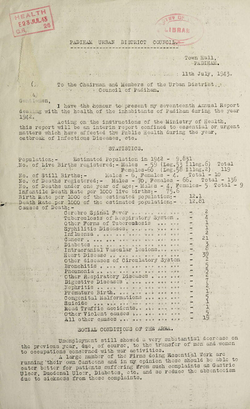 U3RA PADIHAM URBAN DISTRICT COUNCIL, L 4; • i -Town Hall, * Pa DIHAM* » •• ■ : 11th July, 1943° To the Chairman and Members of the Urban District. ....• • • '•? ... •• Council of Padiham. 12.1 12„8l G , .en, I have the honour • to-’ present my seventeenth Annual Report dec . ig with the health of the inhabitants of Padiham during the year 1942 o '• Acting on the instructions of the Ministry of Health, this report will be an interim report confined toessential pr urgent matters which have affected the Public Health during the year, outbreak of Infectious Diseases, etc0 ••• C : STATISTICS. Population;- Estimated Population in 194^ ■* 9,831 ,NOc of Live Births registered; - Males -59 (Leg.pd Illegoo) Total • • • '• • • Females-6o . (Leg.58 XIleg.2-) . 119 No. of Still Births;- Males - 6, Females - 4° ^Total - 10 No.’ of Deaths registered;- Males - 70, Females. - 660 Total - 130 No. of Deaths under one year of age; - Male's - 4, Females- 5- Total - 9 Infantile Death Rate per 1000 live- births;- 75*8 Birth Rato per 1000 of the estimated population;- Death Rate per 1000 of the estimated population;.- Causes of Death;- Ccrcbro Spinal Fever ... ««• -o . *. ° o o. Tuberculosis' of Respiratory Sys'tem 0 Other Forms of TubercnAosis Syphilitic Diseases Influenza . Gancer 0 oe , , 1 abctes 000 00' oot? 000 oco 000 Intracranial Vascular lesions.... Heart D i 3 sas0 00 000 © p o o.>o 000 <> o © Other diseases of Circulatory System Bronchitis '' - Pneumonia . Other Respiratory Diseases ' ‘ Digestive Diseases .Nephritis .. . ©. . Premature Birth Congenital Malformations Suidde coo '00.0 oee o ie o Road Traffic accidents. 0 O’thcr Violent causes All other causes 00© o ^ 0 000 0000 000 000 00c 000 O C‘o *o o 0 o 0 o o c o o c c o » 000 o o e 000 O O r 000 000 o v. 0 o a o 00c o o o ©GO 000 000 a c o o 6 c> o o o 000 o © C o b o 000 o © o '000 000 060 000 000 o o e 000 o 0 o o .© o o c o O C C- © C O o © © 000 o c o 0,0 o 00c O Q -O if o c o ' o o 0 000 cop 00c. © o- o 0 o o 000 . o © o ©00 000 ©00 0.0 o . 2 4 1 1 2 21 39 2 5 5 7 2 ' 19, 5' 1 1 5 19 SOCIAL CONDITIONS OF THE AREA. .... # , . . , * 1 Unemployment still showed a very substantial decrease on the previous year, due, of course, to the transfer of men ana women to occupations concur nod'-with war activities. - ... . A large number of the Firms doing Essential -aorb arc running‘their'-own Canteens and in my opinion these should be able ^0 cater better for patients suffering from such complaints as Gastric Ulcer, Duodenal Ulcer, Diabetes, etc© and so reduce the absenteeism due to sickness from these complaints.