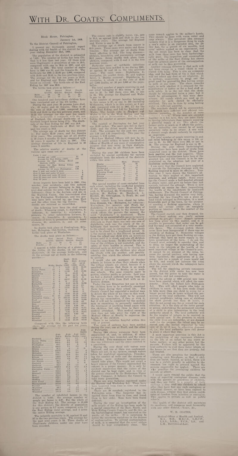 With Dr. Coates’ Compliments Bleak House, Patrington, January 1st, 1909- 'l'o the District Council of Patrington, I present my thirteenth annual report dealing with the health of this district for the year ending December 31st, 1908. The population of the district is estimated at 7,021. The number of births has been 170; thut is 6 less than last year. Of these nine were Illegitimate—a proportion of one in 19.5, compared with one in 30.4 in 1907, and one in 12.3 in 1900. The total number of males born in 1908 was 91, and the females 85. The birth-rate for 1908 is 25.00 per 1,000, compared with 25.95 and 22.81 in the two previous years. The average lor the last ten years is 23.21, and for England and Wales (1900) 27.0 (the lowest on record). The birth-rate of the East Hiding for 1907 was 22.9. The births took place as follows First Second Third Fourth Quarter. Quarter. Quarter. Quarter. Males . 24 .... 22 .... 21 .... 24 Females ... 23 .... 16 .... 19 .... 27 One hundred and forty-three children have been vaccinated out of the 170 births. During the past year 93 persons have died, viz., 49 males and 44 females. This is at the rate of 13.24 per 1,000, compared with 11.09 and 15.11 in the two previous years, and 14.22 the average for the past, ten years. This is favourable if compared with the rest of England, the average death-rate of t' © fourteen largest towns being 17.5. The death- rate of the East Riding for 1907 was 14.0. The average death-rate of Hull for the past ten years is 18.3. The average age at death for this district is: For males 42.19 years, and for females 57.14 years. The average age of all deaths is 49 years 3 months 15 days, compared with 52 years 0 months 17 days in 1907. The average duration of life in England is 40 years 3 months. The relative number of deaths at the various ages come out at:— Under 1 year .••• 16 Average per 1,000 . Average for East Hiding (1907). 104 Average for East Hiding Rural Districts (1907) ... 102 Average for East Riding Urban Bistriots (1907) . US Average for 10 years (Patrington).. 115 Over 1 year and under 5 years . 1 Over 5 years and under 15 years . ^ ’Over 15 years and under 25 years . 8 Over 25 years and under 65 years . 23 Over 65 years . A1 Seven inquests have been held in 1908: One murder, four accidents, and two natural causes. Five persons belonging to this dis¬ trict died outside the area : One in the Royal Infirmary; three in the Asylum, and one1 in the Warwick Union. One non-resident died in the Patrington Workhouse, and two per¬ sons have been washed up, one from Hull and the other from the tug Terrier. Two deaths are returned as uncertified. The following have been the chief causes of death : Whooping cough, 1; diphtheria, 3; influenza, 8; enteritis, 1; erysipelas, 1; phthisis, 7; other tuberculous diseases, 2; cancer, G; .bronchitis, 2; pneumonia, 1; cirrhosis of liver, 1; premature birth, 5; heart diseases, 26; accidents, 4; and all other causes, 25. No deaths took place at Frodingham, Hils- ton, Holmpton, Out-Newton, Oustwiok. No births took place at Waxholme. The deaths took place as follows :— First Second Third Fourth Quarter. Quarter. Quarter. Quarter. Males . 15 - lO - 12 - 12 Females ... 17 .... 2 - 6 .... 13. I append a table showing at a glance (1) the births, (2) the deaths, (3) the average death-rate, (4) the average birth-rate, and (5) the average age at death in the following parishes:— Death Birth Rate Rate Average per per age at Births. Deaths. 1,000 1,000. death. Buistwick . . 7 3 ■6.18 14.35 62.66 Burton Pidsea . . 13 1 3.51 45.77 68. Basins; ton . . 3 4 11.2.6 8.45 60.26 Frodingham ... 0 0. 42.85 0. Halsham . .5 2 9.09 22,72 68.50 Hilston . 0 0. 35.71 O. Hollym . ... . 6 6 28.57 2.8.57 21.18 Holmpton. . . 4 O O. 23.52 0. Keyingham — . 16 5 9.17 29.35 36.30 Kilnsea . . 2 i 8.08 16.16 23. Ottringham ... . 13 7 15.21 28.26 71. Out Newton ... . 1 0 0. 27.77 0. Owstwick . . 4 0 0. 50.00 0. Owthorne . . 4 2 16..66 33.33 0.01 Patrington .... . 31 13 16.69 28.75 50.09 Patrington Union... 1 10 22.2.22 22.22 69.60 Pauli . . 15 8 14.13 26.50 36.99 Rimswell . . 2 2 14.49 14.49 43. Boos . ..... 14 6 13.83 32.17 65.83 Ryehill . . 2 1 4,54 .9.00 86, SkefiUng . . 2 2 14.52 14.52 41.41 Sunk Island ... . 9 4 10.98 24.72 40.76 Thorn gum bald . 5 2 7.35 18.38 36,01- Tunstall . . 1 4 39.21 9.80 40. Waxholme . . 0 1 16.94 0. 0.01 Wei wick . . 8 2 7.14 28.57 75.00 Winestead . . 4 2 12.82 25.64 60.50 Compared with this, the following table shows the 1898 - 1907.- average i f or the past ten years, Avge. Deaths Avge. Avge. Avge under Pop’n. Births. Deaths. 1 year. Burstwick . .. 468.4 n.i 6.1 1.3 Bin ton Pidsea .... .. 303.9 6.9 2.7 .6 Easington . .. 368.0 9.2 3.9 1.0 Frodingham . 69.1 2.4 .5 .3 Halsham . .. 226.2 3.1 3.2 .3 Hilston . 31.1 .6 .3 0. Hollym . .. 235.4 6.0 3.1 .6 Holmpton . .. 179.1 3.2 2.4 .3 Keyingham . .. 553.1 12.4 8.4 1.0 Kilnsea . .. 139.6 4.4 2.5 1.1 Ottringham . .. 477.0 8.9 8.1 1.7 Out Newton . 38.1 .7 .3 0. Owstwick . 82.7 3.1 .4 0. Owthorne . 86.7 2.8 1.2 .4 Patrington . .. 1089.4 21.2 17.6 2.4 Patrington Union.. 45.4 1.5 6.1 .1 Pauli . .. 564.0 16.8 6.4 1.3 Bimswell . .. 132.6 5.0 1.8 .6 Roos . .. 451.0 9.1 7.2 .8, Ryehill ... .. 232.1 5.9 3.6 .7 Skeffling . .. 137.1 3.7 1.8 .3 Sunk Island . .. 389.8 9.4 3.1 .8 Thorngumbald . 7.4 4.0 .6 Tunstall . 2.4 .8 .2 Waxholme . .7 1.0 .1 Welwiek . .. 291.0 7.5 5.0 1.3 Winestead . .. 151.2 4.4 1.5 .1 The number of inhabited houses in the district is 1,641; the average, number of people per house is 4.27. For the whole of the East Riding 4.5. The acreage is 61,420 for this district; the density of population is one person to 8.7 acres, compared with 7.7 the East Riding rural average, and 5 acres the entire Riding average. The infantile mortality is 16, against 11 and 16 in the two previous years. The average for the past nine years is 19. Three deaths of illegitimate children under one year have been recorded. The cancer rate is slightly lower, viz., one in 15.5, as against 10.25 and 13.25 in the two previous years. The average for England and Wales is one in 30. The average age at death from cancer is (36.5 years. Three cases were males and three females. The average age at death from heart affection is 73-3. The lung diseases— phthisis, bronchitis, and pneumonia average 26.2 years. Seven deaths took place xroro phthisis, compared with 2 and 5 in the two previous years. Forty-one cases of notifiable infectious diseases have been notified to me during 1908, as against 38 and 53 in the two previous years. The cases were: Diphtheria, 6; erysipelas, 15; scarlet fever, 19; and typhus fever, 1. Deaths occurred: Diphtherial. 3; erysipelas, 1, which is at the rate of 43.01 per 1,000 deaths, or .56 per 1,000 of the popu¬ lation. . The total number of people receiving m and out relief belonging to this union is 196, or one in 36. In 1907 there were 203, or one in 34. The average for England and Wales Is one in 39. . The number of pauper lunatics belonging to this union is 27, or one in 333 (including Withernsea, which is in this union), or 3 per 1,000, compared with 2.6 in 1907 , 2.7 for the whole East Riding, and 3.42 for England and Wales. The lowest rate] in Bng^nd an|d Wales is 1.8 in the West Riding, and the highest 5.23 in Herefordshire. For the E!ast Riding the number of pauper lunatics is one in 350. The rainfall of Patrington for last year was 19.69 inches. The most ram fell in April (2.62), and the driest month was January (1.00). The averages for the past two years are 1.69 and 1.85 respectively. This year the average is 1.64 inches. Poor-Law Medical Officers will now he re- quired to notify within 48 hours the Medical Officer of Health of any cases of consumptive paupers that may occur in their districts. This applies also to all Poor-Law institu¬ tions. During the year 240 children have been excluded by special certificates for various complaints fitom the schools of the districts n tni’9 area :— Male. Female. Measles . .... 23 32 Ringworm . 6 .3 Chicken-pox . .... 16 15 Scarlet Fever . 7 6 Whooping Cough _ 7 ... 8 Influenza . .... 17 17 Eczema . 7 9 Diphtheria . .... 15 18 Mumps . .... 15 19 The special number of cases excluded from each school, including the unaffected members of the same families, were : Roos, 27; Wel- wick, 3; Winestead, 22; Withernsea, 46; Key- ingham, 29; Hollym, 40; Burstwiok, 5; Ryehill, 10; Ottringham, 1; Pauli, 34; and Burton Pidsea, 23. Three schools have, been closed for infec¬ tious diseases, viz.: Holmpton, for influenza; Keyingham, for measles; and Pauli, for diphtheria.’ I wish to draw the attention of the managers of schools to the curious fear which affects the parents the moment the word “diphtheria” is mentioned. There seems to be an uncontrollable panic in country villages at the very mention- of the word. Although in Pauli there was only one case of diphtheria, such was the alarm of the in¬ habitants that scarcely any children went to the school; and, in consequence, the, schools had to be closed for a lengthened period. It is the custom now, in this district, to exclude from the school any child with an infectious disease until it is cured, and also all children from the same house. In this way the educa¬ tion of the children is not neglected, and the safety of their healths is ensured. This is obtained quite as distinctly, as by closing the schools and letting th© children play about the streets with one another, and possibly catching that which the schools were closed to prevent. I would also ask managers of Sunday schools in future to close their schools when th© village schools are closed, because if is manifestly obvious that there is as much danger olf infection, in Sunday as in week¬ day schools. The same remarks apply to parties, whether public or private. Last year w© had a distinct outbreak arising from the presence of a child from Hull with an in¬ fectious disease. Under the new Education Act now in force the children have to be medically examined three times during their school life. The County Council has appointed a medical man to devote the whole of his time to this work. The parents have the right to he present during th© examination, if they so wish it, but it will not be competent for the medical man so examining to personally undertake the treatment of anything found amiss with the children, but refer them to their own medical attendant. This medical examina¬ tion does not take away the right of the Medical Officer of Health to supervise the health of the children. There is no isolation hospital within this area at present. Two cases of anthrax have been notified during the year, one at Pauli, and the other at Patrington. During 1908 eleven nuisances have been complained of, and, in addition, 47 other nuisances have been inspected, and the whole 58 rectified. Two summonses were taken out. One was withdrawn and the other resulted in a conviction. During the year three well waters were ‘analysed, and one of these was condemned. There are not, in my opinion, enough waters taken for analytical examination. Consider¬ ing the number of wells and the chances of pollution, more systematic examinations should take place. This would not entail a heavy expense if the Council approached the subject in a proper manner. It is only by constant supervision that the waters of the district can be kept right, and in view of the powers obtained by the Holderness Water Supply Company, it behoves the Council to take every precaution. There are nine factories registered under hho Factory and Workshop Act. Those have been Inspected from time to time and found in proper order. There are 39 cowsheds registered in the Patrington area. The Inspector has in¬ spected these from time to time, and found them in fair order. None have been found deficient. During the year an investigation of the milk supply of the Riding has been made by a .special committee of the East, North, and West Riding County Councils, and Dr Orr. as the bacteriological expert, has reported on the purity of the milks. It is surprising to notice the enormous variations in the degrees of contamination. To prevent contamination of milk, it is essential that the cows’ udders should be kept scrupulously clean. The same remark applies to the milker s hands. This should be done with warm water and soap always. The prevalent idea amongst farmers that it is a dangerous thing to wash a cow’s udder is an exploded idea, for Dr Orr has, for a period of six month's, had cows’ udders washed as an experiment, and the net result lias been to show that the milk from these cows has been bactenologi- cally pure. The inspection and examination of the milks oif the East Riding has shown •that thp greatest source of the c on t a nun a 11 o n of milk can be thus prevented. Another common delusion is that milk will not keep except in u vessel which is ven¬ tilated with holes. This is also an erroneous idea, and the best form of tin is that which will not admit any dust or air whatever. It, is, perhaps, unnecessary to point out the great need for preventing Hies having access to milk at any time. The above remarks apply to milk whether it is retained for the manufacture of butter or for a food stuff as milk solely. It is the law that the sheds should be whitewashed twice a year, but it would toe advantageous If this were done Oitener. All vessels which are used re¬ ceptacles for milk should be efficiently sterilised. This can be done by using boiling water in sufficient quantity. The cowsheds should not be overcrowded, but should have sufficient and efficient ven¬ tilation. according to the number of cows contained therein. Where cows are crowded together in a hot byre, they ar© more likely to develop tuberculosis than animals enjoying a plentiful supply of air. This affects the farmer quite as much as it affects the public, for an unhealthy cow 'Cannot be of much pecuniary value to its owner. A cow with a chronic cough should certainly toe regarded as suspicious. The total number of people receiving in and out relief belonging to this union is 196, or one in 36. Di 1907 there were 203, or one In 34. The average for England is one in 39. During the year eleven (bacteriological examinations have been made of sfwa'bs from suspected cases in the district. Three have been positive and the rest negative. These bacteriological examinations have been of the greatest use, and the Council is to toe con¬ gratulated on the. adoption last year of a resolution authorising it. I am sorry that the Council have neglected to provide the Patrington drainage with the flushing required to meet its efficiency. Year after year I have drawn the Council’s at¬ tention to their neglect of this important provision, and without result. Some years ago the Council made a half-hearted attempt to obtain water, and gave up before they had scarcely initiated the attempt. There is now absolutely no excuse for their jeopardising the health of the inhabitants by continued indifference. The Parish Council of Patring¬ ton, having discussed the matter very fully, provided for this Council’s use a piece of land which belonged to Patrington, in a most favourable part of the town, for the purpose of erecting a flushing apparatus, where it would not occupy either an unsightly position or interfere with the comfort of the inhabitants. The Council started, and then dropped, the work without making any really serious attempt to ge-t-ihe water. Expert opinion has been given on this matter, and it is possible to guarantee that water can toe got and the total cost estimated at a very reason¬ able figure. The drainage system should never have been inaugurated if there was no intention of flushing it. Numerous villages m the Riding have got these flushing systems, although they have no water supply in the town acceptance of the term. I do ask the Council most seriously to consider this, and to delay no longer the under-taking df the work in the interests of the health of the most important village in the Cbuncil’s area. It cannot be on account of the rates, be¬ cause the special sanitary rate having notw been liquidated, the application of a six¬ penny rate for a couple of years would not be felt, and would not increase the rates above the amount which the ratepayers have paid for years. The bill for supplying private consumers in the district with water has now been passed, but the power to take the water is permissive, and not compulsory. With the advent of 1909 several new laws have been enacted which will affect the com¬ munity. First, th© Infant Life Protection Act. This will affect people -who take m children to nurse. It has been made illegal to take more than one child to nurse for a longer period than 48 hours without the per¬ mission of the local authority. This will not prevent neighbours taking care of children for short periods less than 48 hours, if they do not accept any fee or reward for such attention. It is th© duty of the foster parent or person undertaking the permanent nursing of a child to give information to the local authority about it. The local authority will fix the number of infants to be received in each special case. If the premises in which the child lives are unhealthy, or are deemed unfit for the purpose, the infant may be re¬ moved and the parent requested to take care of it, or it may toe otherwise disposed of, i.e., the local authority have full power to- place it where they like. A most important provision in this Act is the prohibition of any insurance whatever on the life of an infant by any nurse or footer mother, or any other person but the parents. Visitors will be appointed by the local authority to visit these foster infants at the homes to- see that they are properly fed and treated. There are also penalties for insufficiently protecting open fire-places, so that, if chil¬ dren are burnt, injured, or killed, there will now be a statute penalty in addition to the common law right to proceed against the persons responsible for neglect. There are a Vo penalties (for overlaying children by parents or others. I would again remind the public that the onus of reporting contagious diseases rests with the parents or guardians of children, and they are liable to a penalty of forty shillings if they -end any children to school after they have had any such contagious or infectious disease, or have been exposed to such di>pasc, without they first obtain certifi¬ cates of freedom from infection or contagion. This applies to private as well as public schools. The health of the district still maintains its excellence, and compares most favourably with any other district.—Yours, Ac., W. H. COATES, Medical Officer of Health and Analyst, M.A., M.B.. M.R.C.S., L.R.C.P., L.S.A., L.S.Se., F.C.S., L.S., and L.M., Barrister-at-Law.