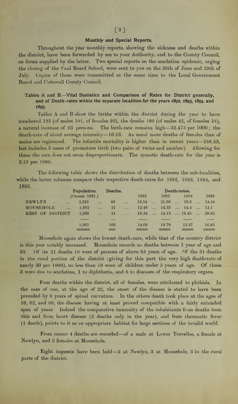 [3] Monthly and Special Reports. Throughout the year monthly reports, showing the sickness and deaths within the district, have been forwarded by me to your Authority, and to the County Council, on forms supplied by the latter. Two special reports on the scarlatina epidemic, urging the closing of the I’aul Board School, were sent to you on the 20th of June and 29th of Jul}r. Copies of these were transmitted at the same time to the Local Government Board and Cornwall County Council. Tables A and B.—Vital Statistics and Comparison of Rates for District generally, and of Death-rates within the separate localities for the years 1892, 1893, 1894, and 1895- Tables A and B show the births within the district during the year to have numbered 193 (of males 101, of females 92), the deaths 100 (of males 42, of females 58), a natural increase of 93 persons. The birth-rate remains high—32.475 per 1000; the death-rate of about average intensity—16.83. As usual more deaths of females than of males are registered. The infantile mortality is higher than in recent years—186.53, but includes 5 cases of premature birth (two pairs of twins and another). Allowing for these the rate does not seem disproportionate. The zymotic death-rate for the year is 2.19 per 1000. The following table shows the distribution of deaths between the sub-localities, while the latter columns compare their respective death-rates for 1892, 1893, 1894, and 1895. ( Population. Census 1891.) Deaths. 1892 Death-rates. 1893 1894 1895 NEWLYN . 3,323 48 13.54 .. . 21.06 . .. 16.6 .. . 14.44 MOUSEHOLE 1,602 21 12.48 .. .. 14.35 . .. 14.4 .. . 13.1 REST OF DISTRICT 1,036 31 18.34 .. .. 24.13 . .. 16.45 .. . 29.92 5,961 100 14.09 19.79 15.97 16.83 Mousehole again shows the lowest death-rate, while that of the country district is this year notably increased. Mousehole records no deaths between 1 year of age and 33. Of its 21 deaths 10 were of persons of above 65 years of age. Of the 31 deaths in the rural portion of the district (giving for this part the very high death-rate of nearly 30 per 1000), no less than 19 were of children under 5 years of age. Of these 3 were due to scarlatina, 1 to diphtheria, and 6 to diseases of the respiratory organs. Four deaths within the district, all of females, were attributed to phthisis. In the case of one, at the age of 22, the onset of the disease is stated to have been preceded by 6 years of spinal curvature. In the others death took place at the ages of 59, 62, and 66, the disease having at least proved compatible with a fairly extended span of years Indeed the comparative immunity of the inhabitants from deaths from this and from heart disease (2 deaths only in the year), and from rheumatic fever (1 death), points to it as an appropriate habitat for large sections of the invalid world. From cancer 4 deaths are recorded—of a male at Lower Trevelloe, a female at Newlyn, and 2 females at Mousehole. Eight inquests have been held—2 at Newlyn, 3 at Mousehole, 3 in the rural parts of the district.