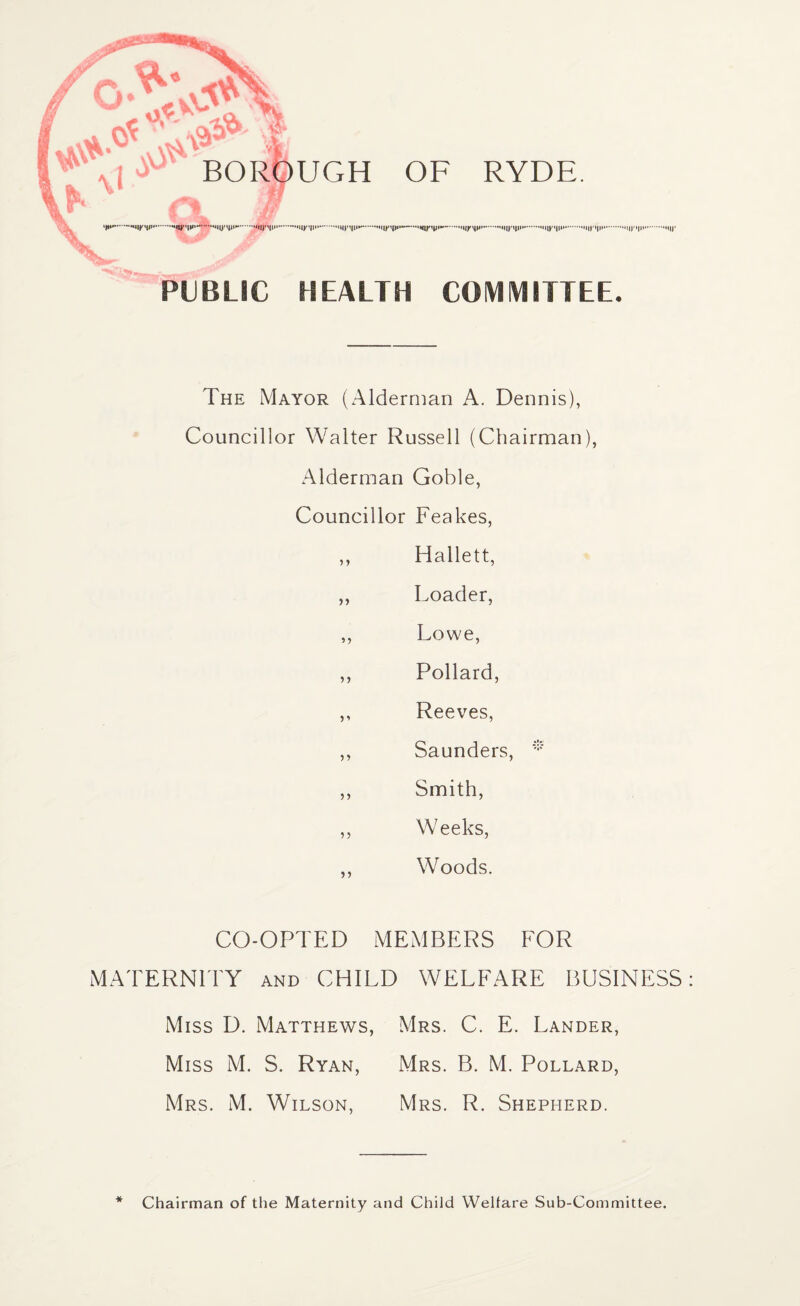 0* BOROUGH OF RYDE. ►X (X f ....I||)''|JI*»~.—uq^tpi*—...Ill'll.uni*.‘IIP||I.Mil'll!.. PUBLIC HEALTH COMMITTEE. The Mayor (Alderman A. Dennis), Councillor Walter Russell (Chairman), Alderman Goble, Councillor Feakes, ,, Hallett, ,, Loader, ,, Lowe, ,, Pollard, ,, Reeves, ,, Saunders, * ,, Smith, ,, Weeks, ,, Woods. CO-OPTED MEMBERS FOR MATERNITY and CHILD WELFARE BUSINESS Miss D. Matthews, Mrs. C. E. Lander, Miss M. S. Ryan, Mrs. B. M. Pollard, Mrs. M. Wilson, Mrs. R. Shepherd. * Chairman of the Maternity and Child Welfare Sub-Committee.