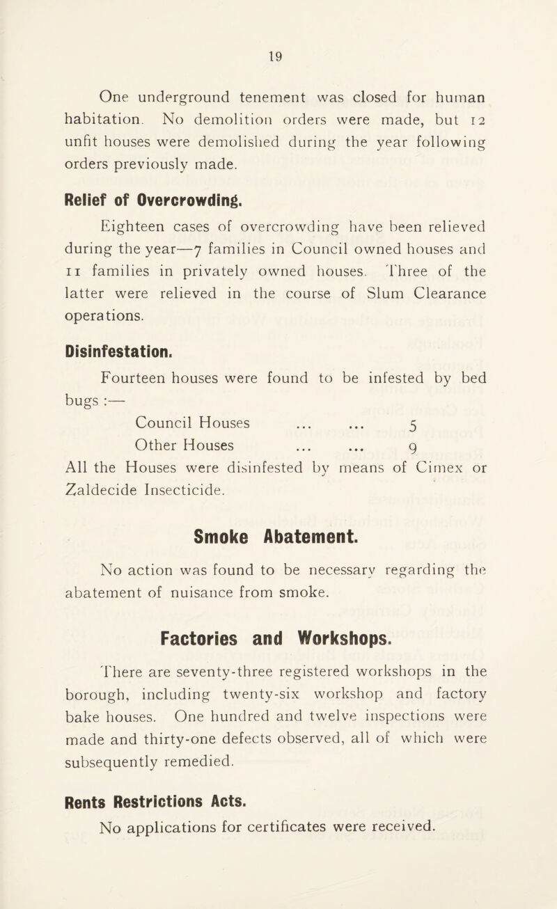 One underground tenement was closed for human habitation. No demolition orders were made, but 12 unfit houses were demolished during the year following orders previously made. Relief of Overcrowding. Eighteen cases of overcrowding have been relieved during the year—7 families in Council owned houses and 11 families in privately owned houses. Three of the latter were relieved in the course of Slum Clearance operations. Disinfestation. Fourteen houses were found to be infested by bed bugs:— Council Houses ... ... 5 Other Houses ... ... 9 All the Houses were disinfested by means of Cimex or Zaldecide Insecticide. Smoke Abatement. No action was found to be necessary regarding the abatement of nuisance from smoke. Factories and Workshops. There are seventy-three registered workshops in the borough, including twenty-six workshop and factory bake houses. One hundred and twelve inspections were made and thirty-one defects observed, all of which were subsequently remedied. Rents Restrictions Acts. No applications for certificates were received.