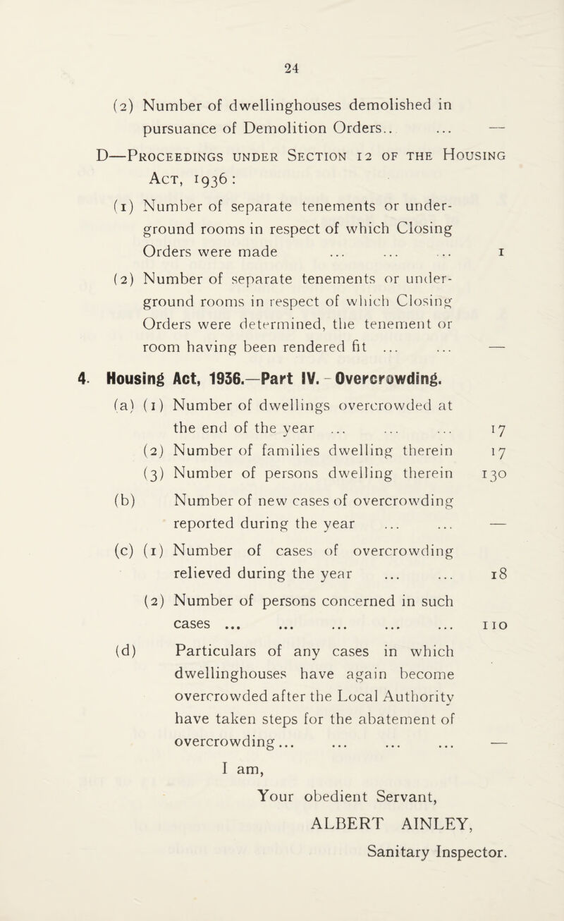 (2) Number of dwellinghouses demolished in pursuance of Demolition Orders.. ... — D—Proceedings under Section 12 of the Housing Act, 1936 : (1) Number of separate tenements or under¬ ground rooms in respect of which Closing Orders were made ... ... ... 1 (2) Number of separate tenements or under¬ ground rooms in respect of which Closing Orders were determined, the tenement or room having been rendered fit ... 4. Housing Act, 1936.—Part IV. - Overcrowding. (a) (1) Number of dwellings overcrowded at the end of the year ... (2) Number of families dwelling therein (3) Number of persons dwelling therein (b) Number of new cases of overcrowding reported during the year (c) (1) Number of cases of overcrowding relieved during the year (2) Number of persons concerned in such cases (d) Particulars of any cases in which dwellinghouses have again become overcrowded after the Local Authority have taken steps for the abatement of overcrowding... I am, Your obedient Servant, T7 l7 130 18 110 ALBERT AINLEY, Sanitary Inspector.