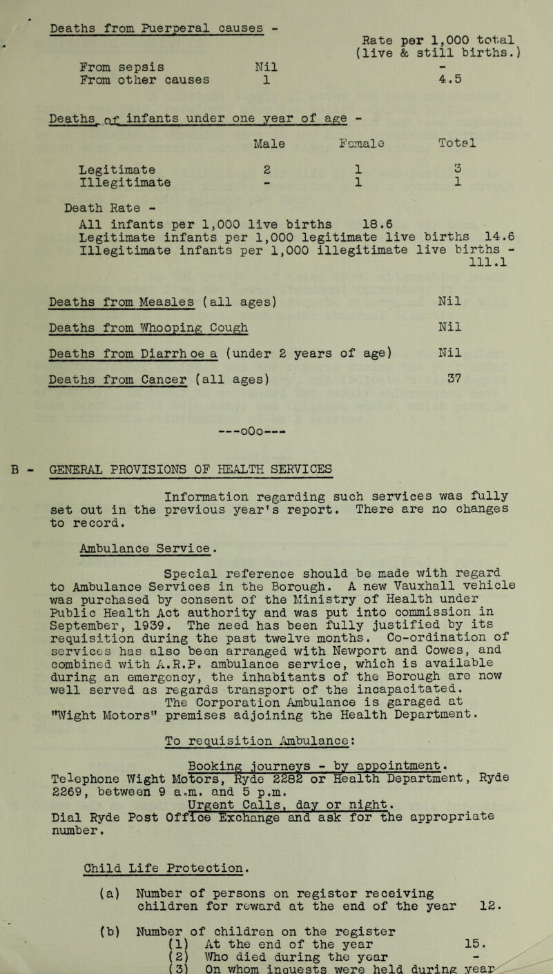 Rate per 1,000 total (live & still births.) From sepsis Nil From other causes 1 Deathsr nf infants under one year of age - Male Female Legitimate 2 1 Illegitimate - 1 Death Rate - All infants per 1,000 live births 18.6 Legitimate infants per 1,000 legitimate live births 14.6 Illegitimate infants per 1,000 illegitimate live births - 111.1 Deaths from Measles (all ages) Nil Deaths from Whooping Cough Nil Deaths from Diarrh oe a (under 2 years of age) Nil Deaths from Cancer (all ages) 37 4.5 Total 3 1 -oOo- GENERAL PROVISIONS OF HEALTH SERVICES Information regarding such services was fully set out in the previous year’s report. There are no changes to record. Ambulance Service. Special reference should be made with regard to Ambulance Services in the Borough. A new Vauxhall vehicle was purchased by consent of the Ministry of Health under Public Health Act authority and was put into commission.in September, 1939. The need has been fully justified by.its requisition during the past twelve months. Co-ordination of services has also been arranged with Newport and Cowes, and combined with A.R.P. ambulance service, which is available during an emergency, the inhabitants of the Borough are now well served as regards transport of the incapacitated. The Corporation Ambulance is garaged at ’’Wight Motors” premises adjoining the Health Department. To requisition Ambulance: Booking journeys - by appointment. Telephone Wight Motors, Ryde 2282 or Health Department, Ryde 2269, between 9 a.m. and 5 p.m. Urgent Calls, day or night. Dial Ryde Post Office Exchange and ask for the appropriate number. Child Life Protection. (a) Number of persons on register receiving children for reward at the end of the year 12. (b) 15 Number of children on the register (1) At the end of the year (2) Who died during the year (3) On whom inauests were held during yea