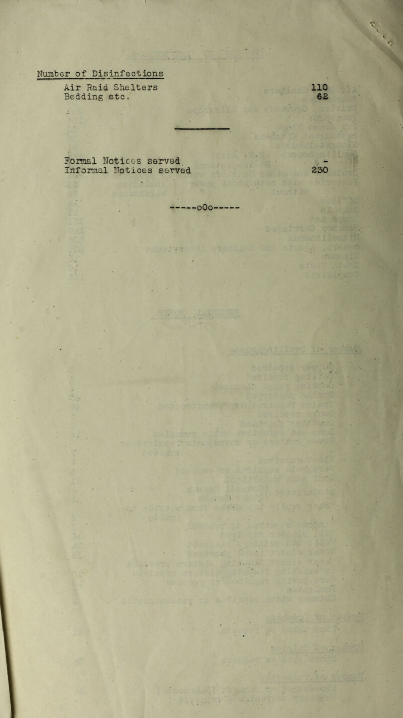 Number of Disinfections Air Raid Shelters . 110 Bedding etc. 62 Formal Notices served , - Informal Notices served 230