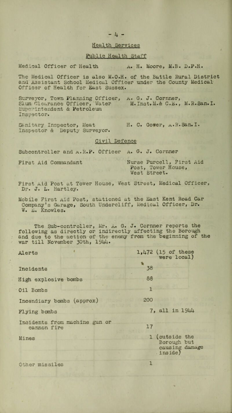 Health Services Public Health Staff Medical Officer of Health a. H. Moore, M.B. D.P.H. The Medical Officer is also M.O.H. of the Battle Rural District and Assistant School Medical Officer under the County Medical Officer of Health for East Sussex. Surveyor, Town Planning Officer, a. G. J. Cornner, Slum Clearance Qffxcer, Water M.Inst.M.& C.E., M.R.San.I. Superintendent & Petroleum Inspector. Sanitary Inspector, Meat H. C. Gower, ^.R.San.I. Inspector & Deputy Surveyor. » Civil Defence Subcontroller and a.R.P. Officer a. G. J. Cornner First Aid Commandant Nurse Purcell, First Aid Post, Tower House, West Street. First Aid Post at Tower House, West Street, Medical Officer, Dr. J. L. Hartley. Mobile First Aid Post, stationed at the East Kent Road Car Company's Garage, South Undercliff, Medical Officer, Dr. W. a. Knowles. The Sub-controller, Mr. G. J. Cornner reports the following as directly or indirectly affecting the Borough and due to the action of the enemy from the beginning of the war till November 30th, 1944* Alerts 1,472 (15 of these were local) % Incidents 38 High explosive bombs 88 Oil Bombs 1 Incendiary bomb3 (approx) 200 Flying bombs 7, all in 1944 Incidents from machine gun or cannon fire 17 Mines 1 (outside the Borough but causing damage . inside; Other missiles 1