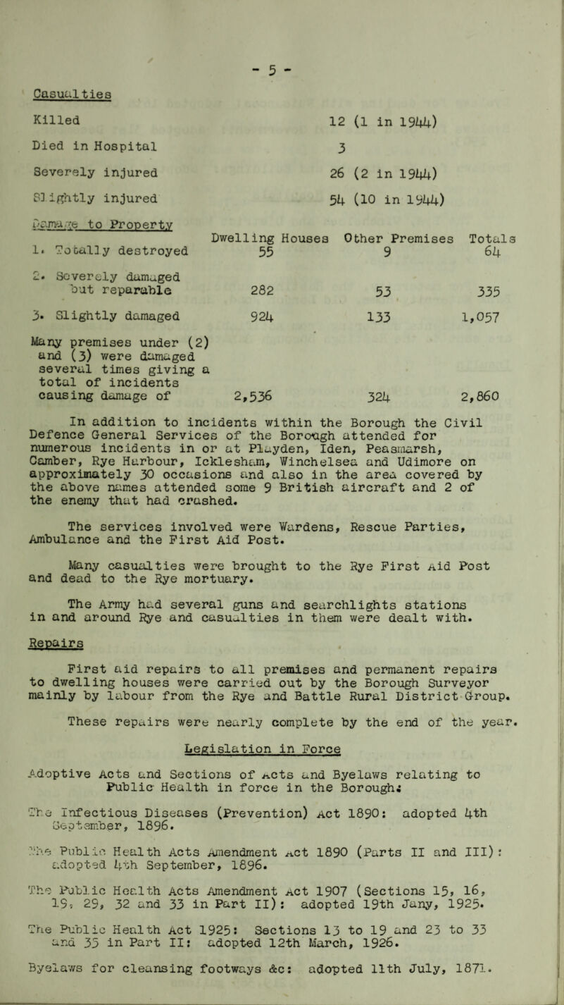 Casual ties Killed Died in Hospital Severely injured S3ightly injured 12 (1 in 1944) 3 26 (2 in 1944) 54 (10 in 1544) Damage to Property 1. To taliy destroyed Dwelling Houses 55 Other Premises 9 Totals 64 2. Severely damaged but reparable 282 53 335 3- Slightly damaged 924 133 1,057 Many premises under (2) and (3) were damaged several times giving a total of incidents causing damage of 2,536 324 2,860 In addition to incidents within the Borough the Civil Defence General Services of the Borough attended for numerous incidents in or at Pit-yden, Iden, Peasmarsh, Comber, Rye Harbour, Icklesham, Winchelseo and Udimore on approximately 30 occasions and also in the area covered by the above names attended some 9 British aircraft and 2 of the enemy that had crashed. The services involved were Wardens, Rescue Parties, Ambulance and the First Aid Post. Many casualties were brought to the Rye First Aid Post and dead to the Rye mortuary. The Army had several guns and searchlights stations in and around Rye and casualties in them were dealt with. Repairs First aid repairs to all premises and permanent repairs to dwelling houses were carried out by the Borough Surveyor mainly by labour from the Rye and Battle Rural District Group. These repairs were nearly complete by the end of the year. Legislation in Force Adoptive Acts and Sections of ^cts and Byelaws relating to Public- Health in force in the Borough; The Infectious Diseases (Prevention) Act 1890: adopted 4th September, 1896. The Public Health Acts Amendment ^.ct 1890 (Parts II and III) : adopted 4th September, 1896. The Public Health Acts Amendment Act 1907 (Sections 15, 16, IS, 29, 32 and 33 in Part II): adopted 19th Jany, 1925* The Public Health Act 1925: Sections 13 to 19 and 23 to 33 and 35 in Part II: adopted 12th March, 1926. Byelaws for cleansing footways Ac: adopted 11th July, 1871*