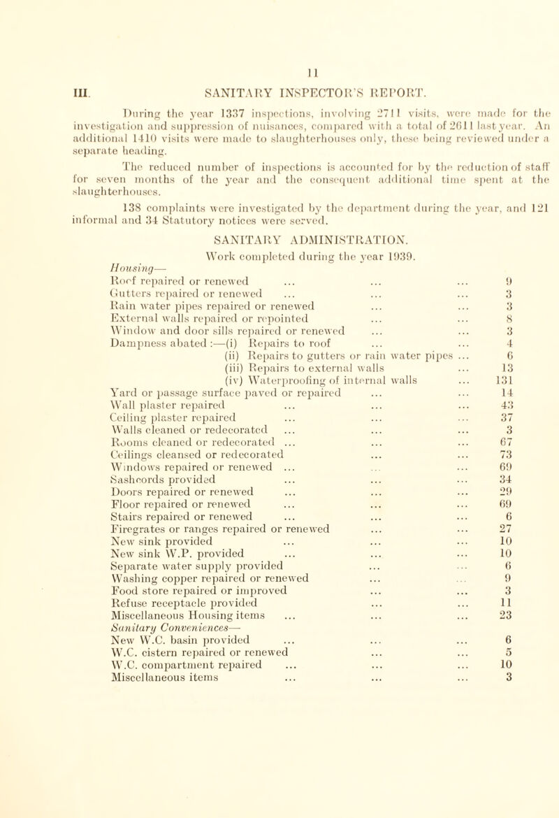 Ill SANITARY INSPECTOR’S REPORT. During the year 1337 inspections, involving 2711 visits, were made for the investigation and suppression of nuisances, compared with a total of 2G11 last year. An additional 1410 visits were made to slaughterhouses only, these being reviewed under a separate heading. The reduced number of inspections is accounted for by the reduction of staff for seven months of the year and the consequent additional time spent at the slaughterhouses. 138 complaints were investigated by the department during the year, and 121 informal and 34 Statutory notices were served. SANITARY ADMINISTRATION. Work completed during the }'ear 1939. Housing— Roof repaired or renewed Gutters repaired or renewed Rain water pipes repaired or renewed External walls repaired or repointed Window and door sills repaired or renewed Dampness abated :—(i) Repairs to roof (ii) Repairs to gutters or rain water pipes (iii) Repairs to external walls (iv) Waterproofing of internal walls Yard or passage surface paved or repaired Wall plaster repaired Ceiling plaster repaired Walls cleaned or redecorated Rooms cleaned or redecorated ... Ceilings cleansed or redecorated Windows repaired or renewed ... Sash cords provided Doors repaired or renewed Floor repaired or renewed Stairs repaired or renewed Firegrates or ranges repaired or renewed New sink provided New sink W.P. provided Separate water supply provided Washing copper repaired or renewed Food store repaired or improved Refuse receptacle provided Miscellaneous Housing items Sanitary Conveniences— New W.C. basin provided W.C. cistern repaired or renewed W.C. compartment repaired Miscellaneous items 9 3 3 8 3 4 G 13 131 14 43 37 3 67 73 69 34 29 69 6 27 10 10 6 9 3 11 23 6 5 10 3