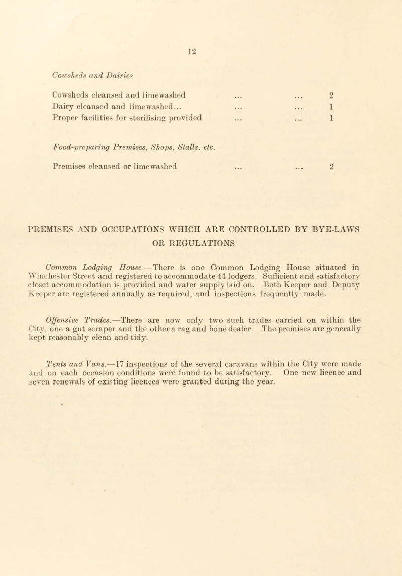 Cowsheds and Dairies Cowsheds cleansed and limewashed ... ... 2 Dairy cleansed and limewashed... ... ... 1 Proper facilities for sterilising provided ... ... 1 Food-preparing Premises, Shops, Stalls, etc. Premises cleansed or limewashed ... ... 2 PREMISES AND OCCUPATIONS WHICH ARE CONTROLLED BY BYE-LAWS OR REGULATIONS. Common Lodging House.—There is one Common Lodging House situated in Winchester Street and registered to accommodate 44 lodgers. Sufficient and satisfactory closet accommodation is provided and water supply laid on. Both Keeper and Deputy Keeper are registered annually as required, and inspections frequently made. Offensive Trades.—There are now only two such trades carried on within the City, one a gut scraper and the other a rag and bone dealer. The premises are generally kept reasonably clean and tidy. Tents and Vans.—17 inspections of the several caravans within the City were made and on each occasion conditions were found to be satisfactory. One new licence and seven renewals of existing licences were granted during the year.