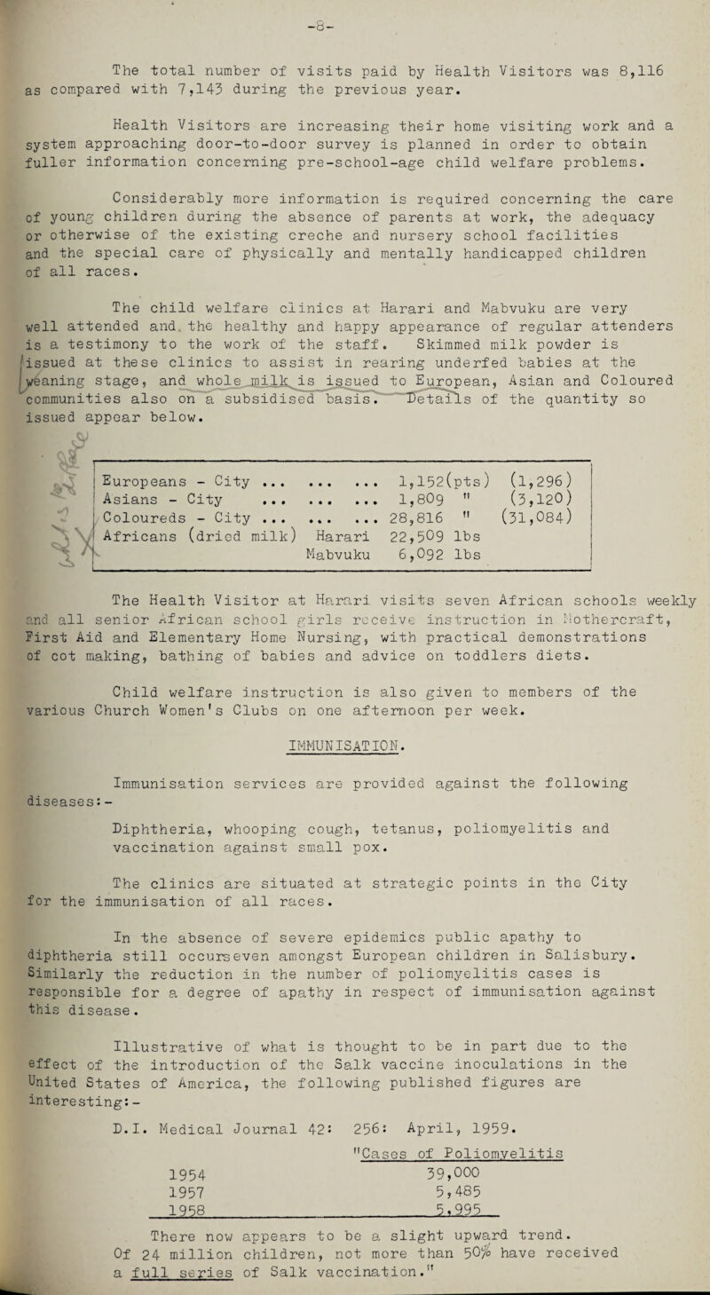 The total number of visits paid by Health Visitors was 8,116 as compared with 7,143 during the previous year. Health Visitors are increasing their home visiting work and a system approaching door-to-door survey is planned in order to obtain fuller information concerning pre-school-age child welfare problems. Considerably more information is required concerning the care of young children during the absence of parents at work, the adequacy or otherwise of the existing creche and nursery school facilities and the special care of physically and mentally handicapped children of all races. The child welfare clinics at Harari and Mabvuku are very well attended and, the healthy and happy appearance of regular attenders is a testimony to the work of the staff. Skimmed milk powder is /-issued at these clinics to assist in rearing underfed babies at the ilk^is issued to European, Asian and Coloured etastls of the quantity so issued appear below. I yeaning stage, and whole communities also on a subsidised basis. \ I Europeans - City . l,152(pts) (1,296) ! Asians - City . 1,809  (3,120) Coloureds - City . 28,816  (31,084) Africans (dric-d milk) Harari 22,509 lbs Mabvuku 6,092 lbs s'* The Health Visitor at Harari visits seven African schools weekly and all senior African school girls receive instruction in Hothercraft, First Aid and Elementary Home Nursing, with practical demonstrations of cot making, bathing of babies and advice on toddlers diets. Child welfare instruction is also given to members of the various Church Women's Clubs on one afternoon per week. IMMUNISATION. Immunisation services are provided against the following diseases: - Diphtheria, whooping cough, tetanus, poliomyelitis and vaccination against small pox. The clinics are situated at strategic points in the City for the immunisation of all races. In the absence of severe epidemics public apathy to diphtheria still occurseven amongst European children in Salisbury. Similarly the reduction in the number of poliomyelitis cases is responsible for a degree of apathy in respect of immunisation against this disease. Illustrative of what is thought to be in part due to the effect of the introduction of the Salk vaccine inoculations in the United States of America, the following published figures are interesting:- D.I. Medical Journal 42: 256: April, 1959. Cases of Poliomyelitis 1954 39,000 1957 5,485 1958 5.995 There now appears to be a slight upward trend. Of 24 million children, not more than 50^ have received a full series of Salk vaccination.