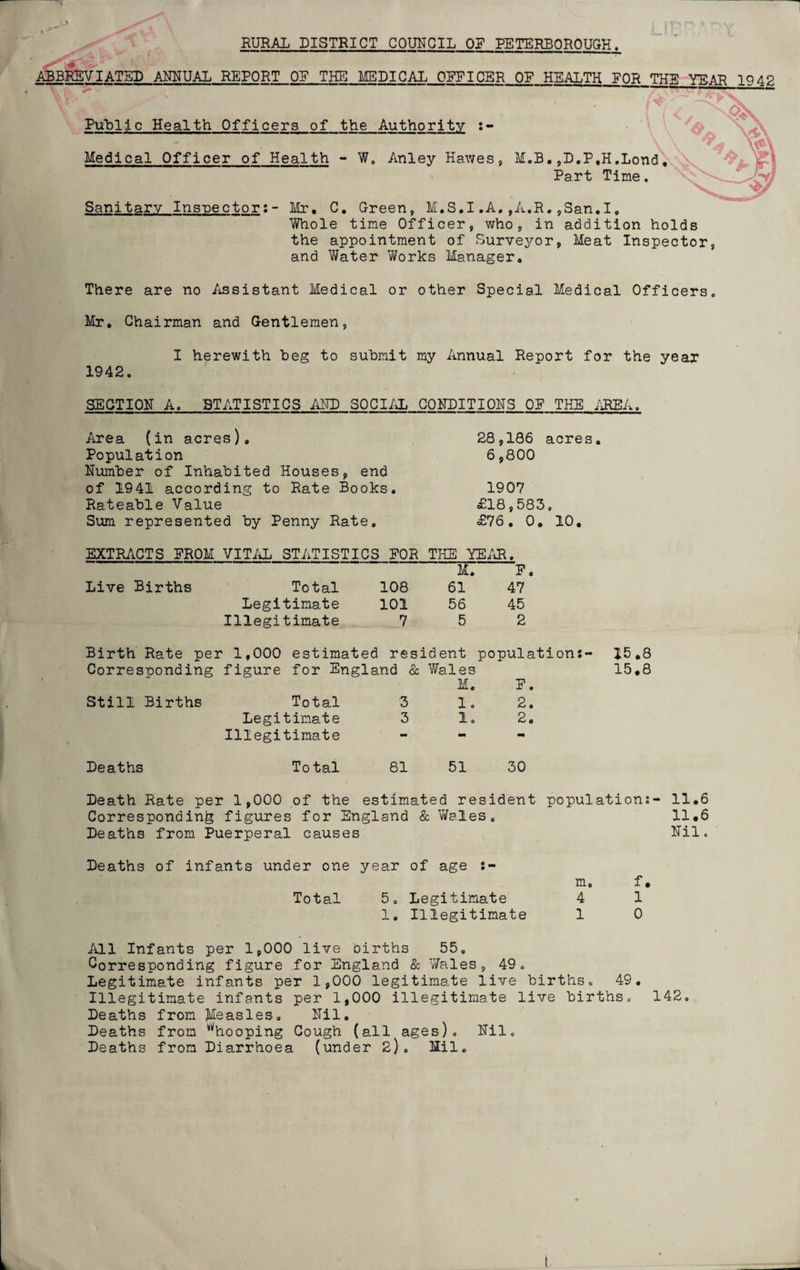 RURAL DISTRICT COUNCIL OF PETERBOROUGH. ABBREVIATED ANNUAL REPORT OF THE MEDICAL OFFICER OF HEALTH FOR THE YEAR 1942 77 ~ y> • • ■' Public Health Officers of the Authority s- \\ V V\ Medical Officer of Health - W„ Anley Hawes, M.B.,D.P,H.Lond, Part Time. Sanitary Inspector:- Mr. C. Green, M.S.I.A,,A.R.,San.I, Whole time Officer, who, in addition holds the appointment of Surveyor, Meat Inspector, and Water Works Manager. There are no Assistant Medical or other Special Medical Officers. Mr. Chairman and Gentlemen, I herewith beg to submit my Annual Report for the year 1942. SECTION A. STATISTICS AND SOCIAL CONDITIONS OF THE AREA. Area (in acres). Population Number of Inhabited Houses, end of 1941 according to Rate Books. Rateable Value Sum represented by Penny Rate. 28,186 acres. 6,800 1907 £18,583. £76. 0. 10. EXTRACTS FROM VITAL STATISTICS FOR THE YEAR. M. F. Live Births Total 108 61 47 Legitimate 101 56 45 Illegitimate 752 Birth Rate per 1,000 estimated resident populations- 15.8 Corresponding figure for England & Wales 15,8 Still Births Total 3 M. 1. F. 2. Legitimate 3 1. 2. Illegitimate - •m Deaths To tal 81 51 30 Death Rate per 1,000 of the estimated resident populations- Corresponding figures for England & Wales. Deaths from Puerperal causes 11.6 11.6 Nil. Deaths of infants under one year of age s- m. f. Total 5. Legitimate 4 1 1. Illegitimate 1 0 All Infants per 1,000 live oirths 55. Corresponding figure for England & Wales, 49. Legitimate infants per 1,000 legitimate live births. 49. Illegitimate infants per 1,000 illegitimate live births. 142. Deaths from Measles, Nil. Deaths from ^hooping Cough (all ages). Nil. Deaths from Diarrhoea (under 2). Mil.