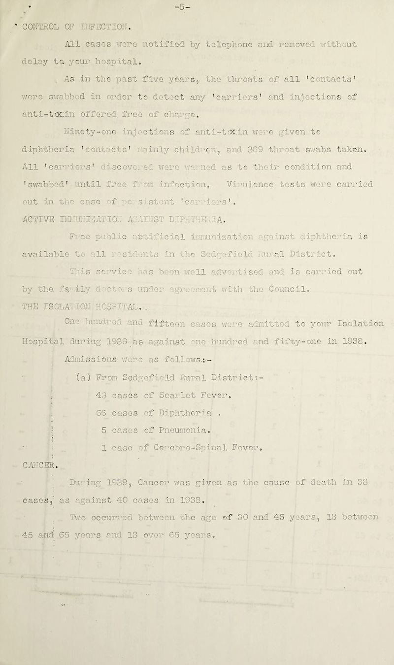 -5- CONTROL OF INFLOTION. All cases were notifiod by telephone and removed without delay ta your hospital. . As in the past five years, the throats of all 'contacts' were swabbed in order to detect any 'carriers' and injections of anti-toein offered free of charge. Ninety-one injections of anti~tc%;in were given to diphtheria 'cont-cts' mainly children, and 369 throat swabs taken. All 'carriers' discovered were warned as to their condition and 'swabbed* until free from infection. Virulence tests were carried out in the case of pc: s stent 'carriers'. ACTIVE INNUNIEATIOi; AC FUST DIPHTHERIA. Free public artificial immunization against diphtheria is available to all i osidwnts in the Sedgofield jiural District. This service has been well advertised and is carried out by the. fa ily d'eto; s under agreement with the Council. THE ISOLATION HOSPITAL.. One limdrod and fifteen cases were admitted to your Isolation Hospital during 1939 as against one hundred and fifty-one in 1938. Admissions were as follows.*- (a) From SodgofieId Rura1 District?- 43 cases of Scarlet Fever. 66 c as e s of Diphtheria . 5 cases of Pneumonia. 1 case of Cerebro-Spinal Fever CANCER. During 1939, Cancer was given as the cause of death in 38 cases,- as against 40 cases in 1938. Two occurred between the age of 30 and 45 years, 45 and 65 years and 13 over 65 years. 18 between