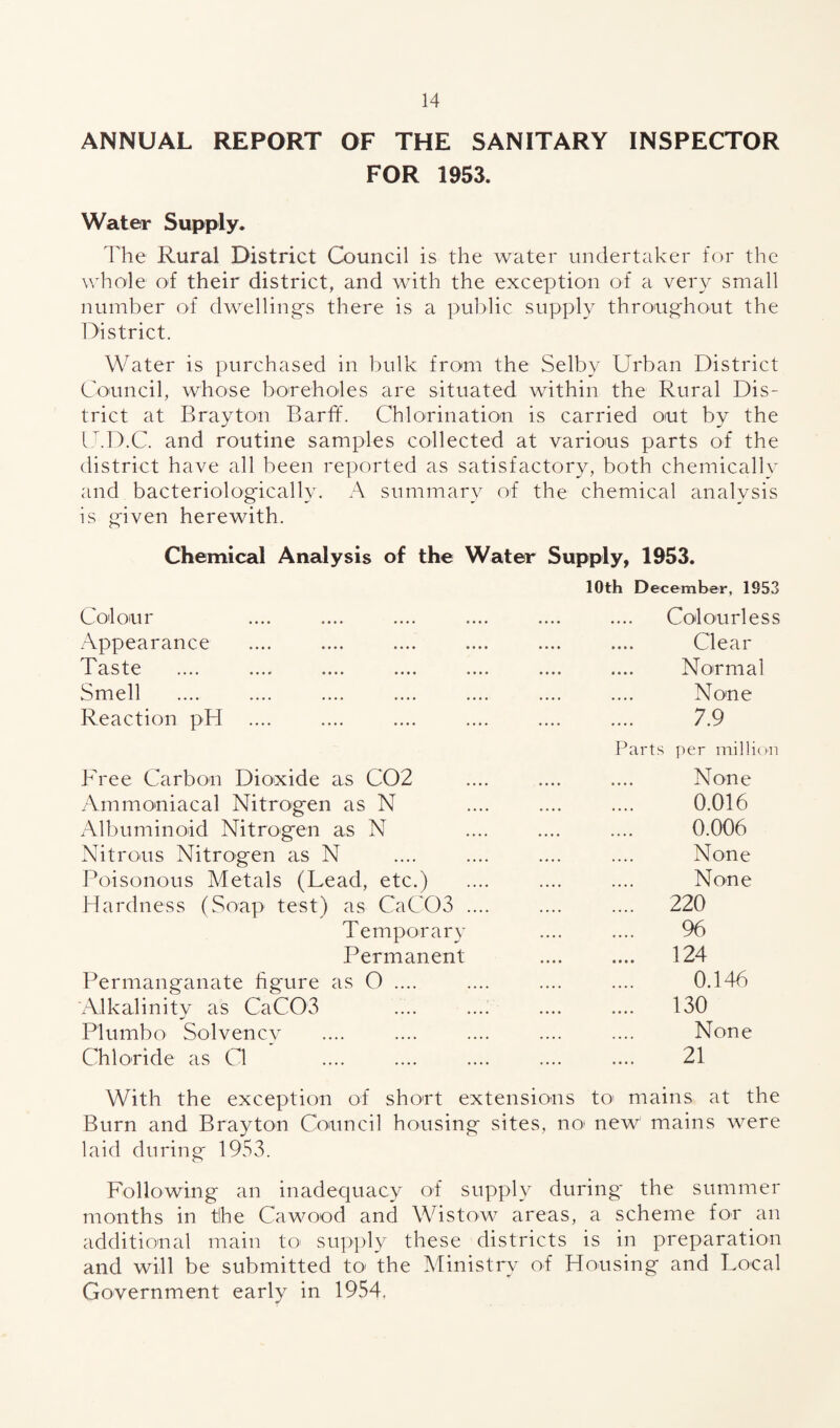 ANNUAL REPORT OF THE SANITARY INSPECTOR FOR 1953. Water Supply. The Rural District Council is the water undertaker for the whole of their district, and with the exception of a very small number of dwellings there is a public supply throughout the District. Water is purchased in bulk from the Selby Urban District Council, whose boreholes are situated within the Rural Dis¬ trict at Brayton Barff. Chlorination is carried out by the U.D.C. and routine samples collected at various parts of the district have all been reported as satisfactory, both chemically and bacteriologically. A summary of the chemical analysis is given herewith. Chemical Analysis of the Water Supply, 1953. Colour Appearance Taste Smell Reaction pH Free Carbon Dioxide as C02 Ammoniacal Nitrogen as N Albuminoid Nitrogen as N Nitrous Nitrogen as N Poisonous Metals (Lead, etc.) Hardness (Soap test) as CaC03 Temporary Permanent Permanganate figure as O .... Alkalinity as CaC03 PI umbo Solvency Chloride as Cl 10th December, 1853 Colourless Clear Normal None 7.9 Parts per million None 0.016 0.006 None None ... 220 96 ... 124 0.146 ... 130 None 21 With the exception of short extensions to mains at the Burn and Brayton Council housing sites, no< new mains were laid during 1953. Following an inadequacy of supply during' the summer months in the Cawood and Wistow areas, a scheme for an additional main to supply these districts is in preparation and will be submitted to the Ministry of Housing and Local Government early in 1954.