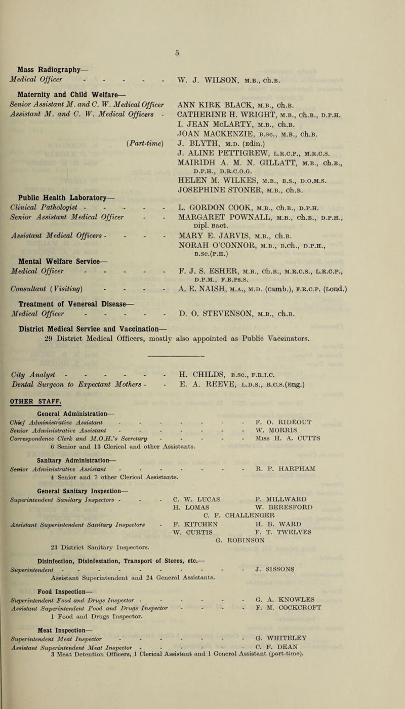 Mass Radiography— Medical Officer . ... . Maternity and Child Welfare— Senior Assistant M. and G. W. Medical Officer Assistant M. and C. W. Medical Officers - (Part-time) Public Health Laboratory— Clinical Pathologist - Senior Assistant Medical Officer Assistant Medical Officers - Mental Welfare Service— Medical Officer ..... Consultant (Visiting) .... Treatment of Venereal Disease— Medical Officer ..... District Medical Service and Vaccination— 29 District Medical Officers, mostly W. J. WILSON, m.b., ch.B. ANN KIRK BLACK, m.b., ch.B. CATHERINE H. WRIGHT, m.b., ch.B., d.p.h. I. JEAN McLARTY, m.b., ch.B. JOAN MACKENZIE, b.sc., m.b., ch.B. J. BLYTH, m.d. (Edin.) J. ALINE PETTIGREW, l.r.c.p., m.r.c.s. MAIRIDH A. M. N. GILLATT, m.b., ch.B., D.P.H., D.R.C.O.G. HELEN M. WILKES, m.b., b.s., d.o.m.s. JOSEPHINE STONER, m.b., ch.B. L. GORDON COOK, m.b., ch.B., d.p.h. MARGARET POWNALL, m.b., ch.B., d.p.h., Dipl. Bact. MARY E. JARVIS, m.b., ch.B. NORAH O’CONNOR, m.b., B.ch., d.p.h., B.SC.(P.H.) F. J. S. ESHER, m.b., ch.B., m.r.c.s., l.r.c.p., D.P.M., F.B.PS.S. A. E. NAISH, m.a., m.d. (camb.), f.r.c.p. (Lond.) D. 0. STEVENSON, m.b., ch.B. also appointed as Public Vaccinators. City Analyst.H. CHILDS, b.sc., f.r.i.c. Dental Surgeon to Expectant Mothers - - E. A. REEVE, l.d.s., R.c.s.(Eng.) OTHER STAFF. General Administration— Chief Administrative Assistant Senior Administrative Assistant Correspondence Clerk and M.O.H.'s Secretary 6 Senior and 13 Clerical and ot Sanitary Administration— Senior Administrative Assistant 4 Senior and 7 other Clerical A General Sanitary Inspection— Superintendent Sanitary Inspectors - Assistant Superintendent Sanitary Inspectors 23 District Sanitary Inspectors. Disinfection, Disinfestation, Transport of Stores, etc.— Superintendent - - - - - - - - - - J. SISSONS Assistant Superintendent and 24 General Assistants. Food Inspection— Superintendent Food and Drugs Inspector - - - - - - G. A. KNOWLES Assistant Superintendent Food and Drugs Inspector - - - - F. M. COCKCROFT 1 Food and Drugs Inspector. Meat Inspection— Superintendent Meat Inspector ....... G. WHITELEY Assistant Superintendent Meat Inspector - - - - - - C. F. DEAN 3 Meat Detention Officers, 1 Clerical Assistant and 1 General Assistant (part-time). ,her Assistants. issistants. F. O. RIDEOUT W. MORRIS Miss H. A. CUTTS R. P. HARPHAM C. W. LUCAS P. MILLWARD H. LOMAS W. BERESFORD C. F. CHALLENGER F. KITCHEN H. B. WARD W. CURTIS F. T. TWELVES G. ROBINSON